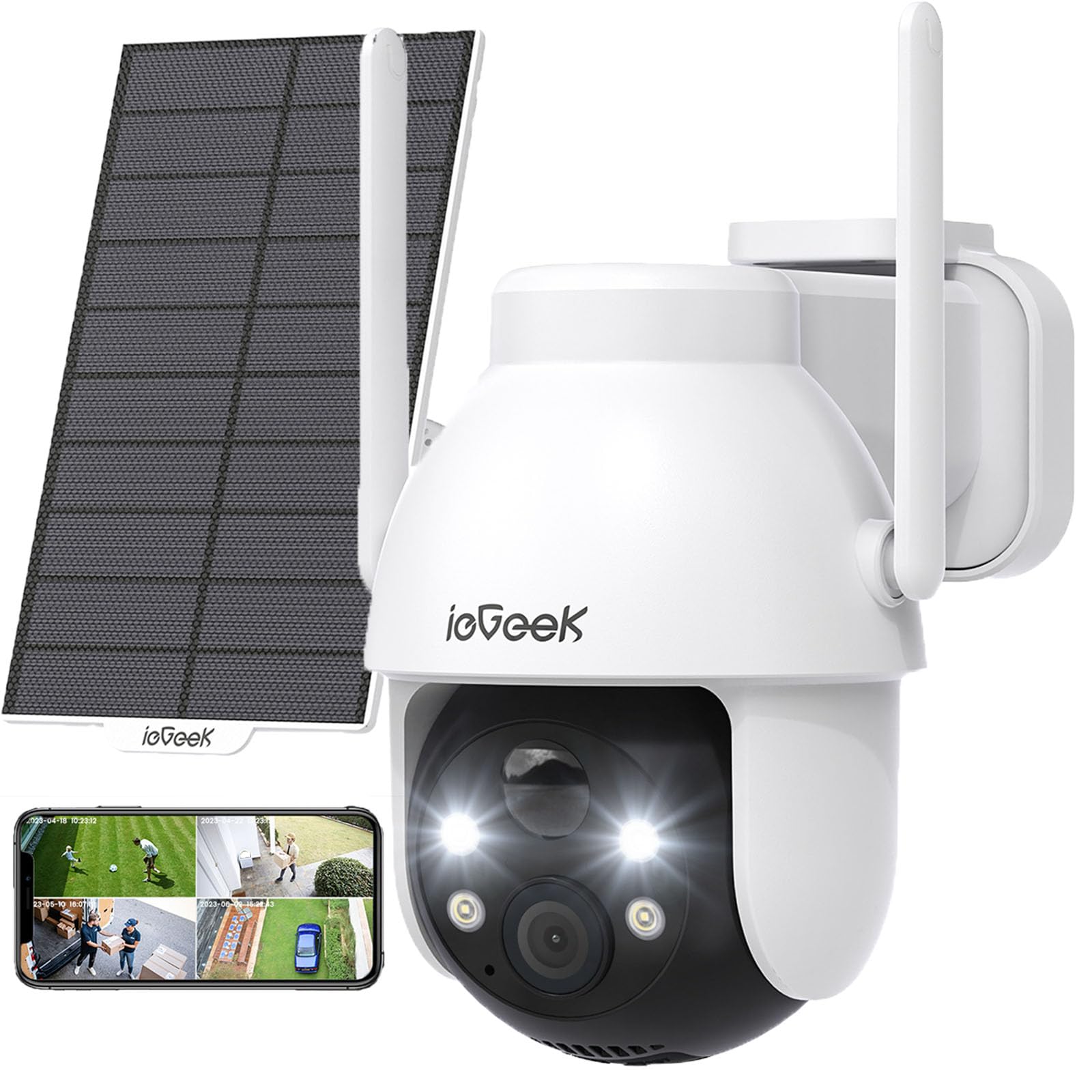ieGeek 2K 3MP Überwachungskamera Aussen Solar, 360° PTZ Kamera Aussen Akku, 2.4GHz Kabellos Überwachungskamera mit PIR Bewegungsmelder,Farb-Nachtsicht, 2-Wege-Audio, IP65