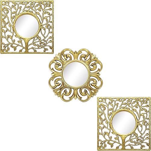 Paquete de 3 espejos dorados con forma de explosión de sol para decoración de pared, círculos, flores, espejos decorativos dorados para colgar en la
