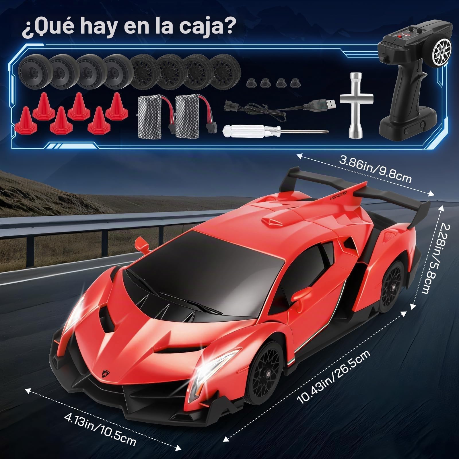 Lamborghi-nii - Coche de Drift Control remoto (escala 1:18, 4 ruedas, 35 km/h, con acelerador proporcional, iluminación LED, para niños de 6 a 12 años
