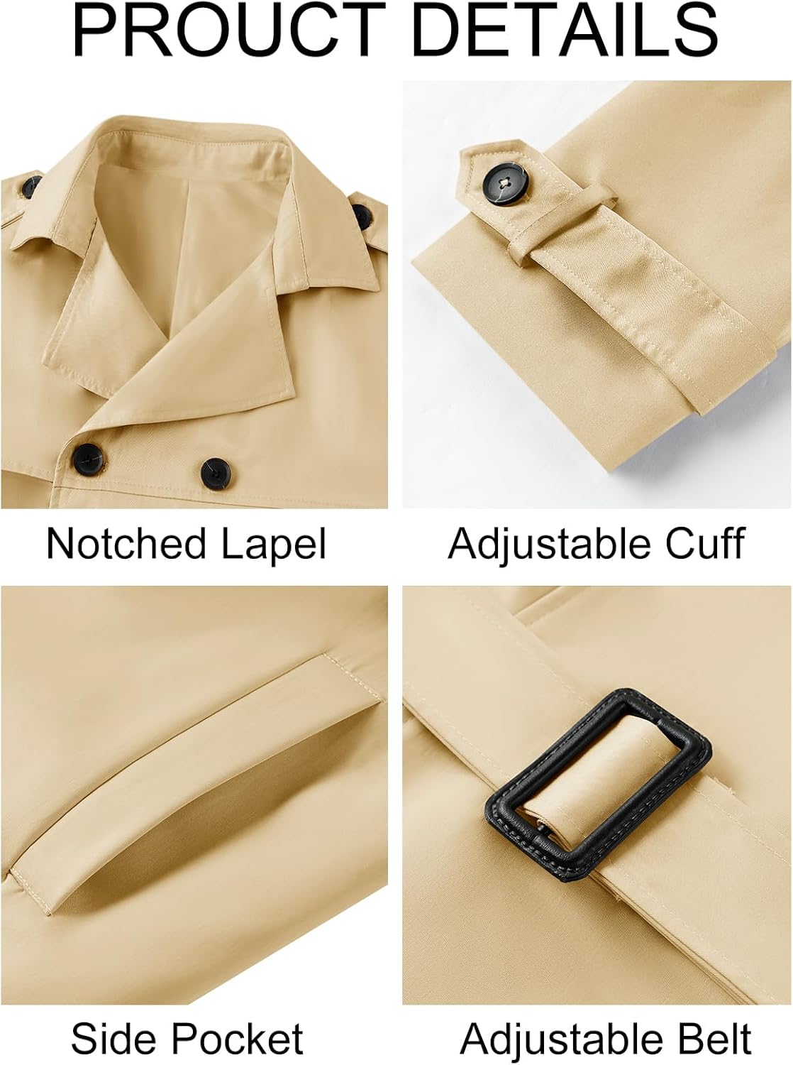 Pretifeel Mens Trench Coat Slim Fit Double Breasted Long Jacket Notched Lapel Belt Fall Windproof Coat - Image 5
