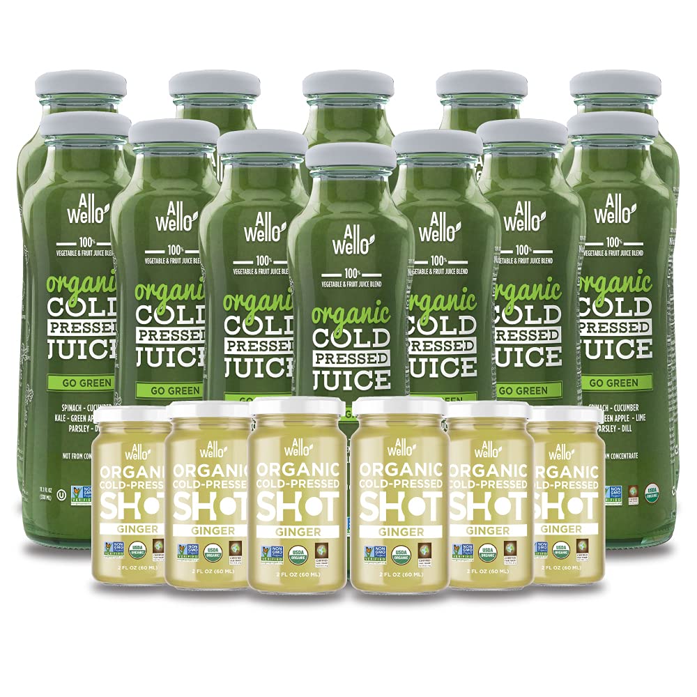 ALLWELLOOrganic Cold Pressed Juice with Real Fruits and Vegetables 12 pack Juice Go Green 11.1 Fl Oz + 6 pack Ginger 2 Fl Oz (18 pack TOTAL) Gluten Free No Sugar Added. Improve your Immune System