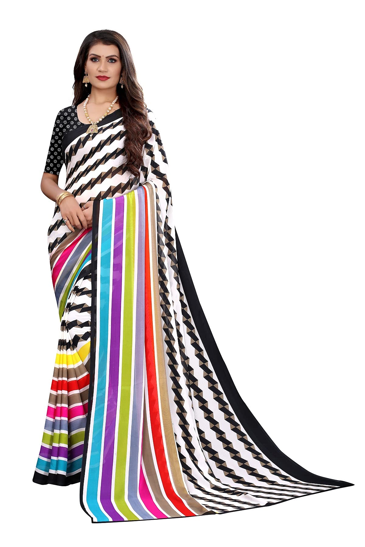 Peegli Saree Women's Geometric Saree Indian Georgette Casual Sari with Blouse Piece