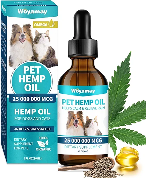 Woyamay Hemp Oil for Dogs and Cats - Hemp Oil Drops Rich in Omega 3, 6, 9 and Organic Extract Helps Pets with Аnxiеty, Pаin, Strеss, Slееp, Аrthritis, Sеizures Rеlief, Pets Calming Treat-1 Pack