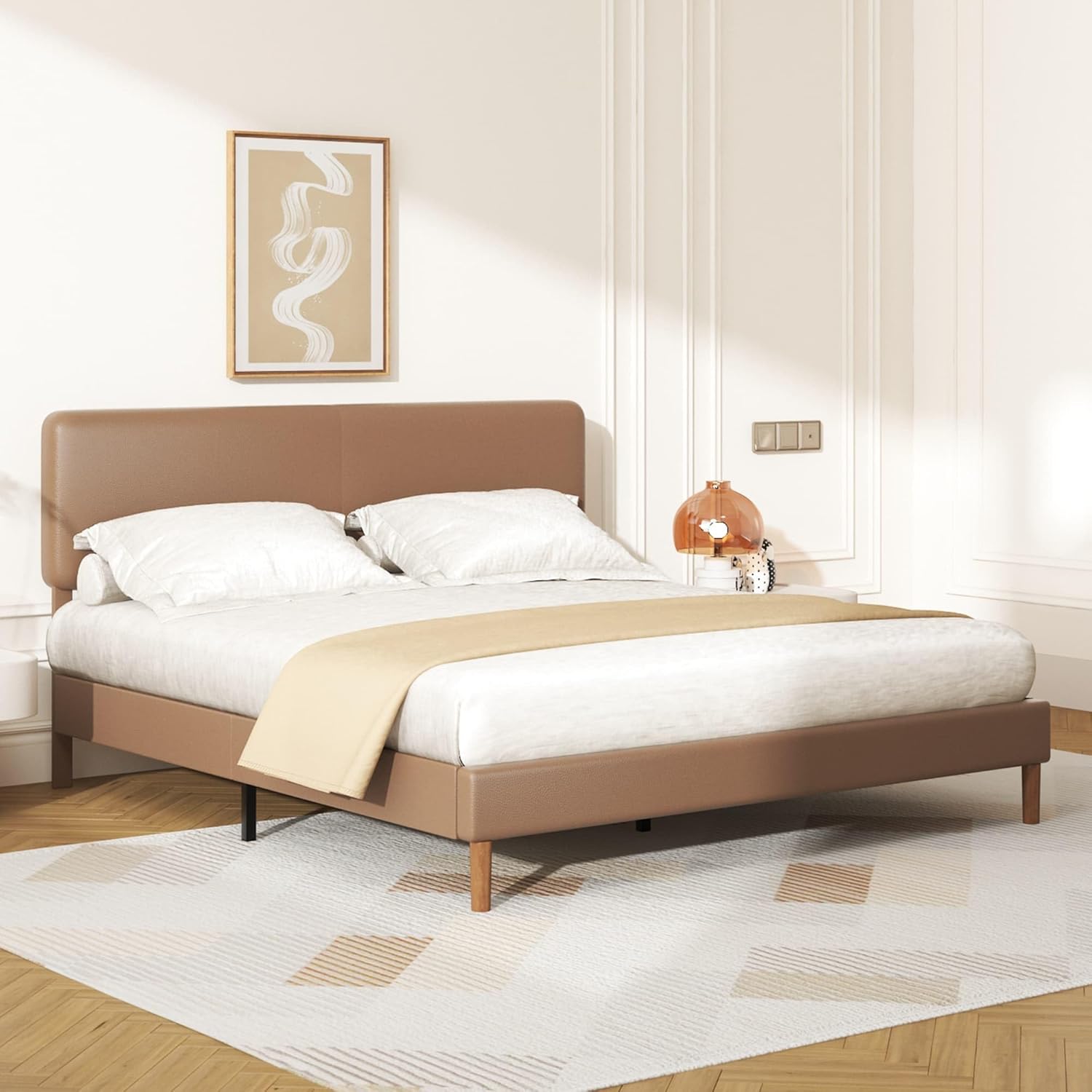 King Size Platform Bed Frame with Adjustable Headboard, Faux Leather Upholstered Bed, No Box Spring Needed, Noise-Free, Easy Assembly, Brown
