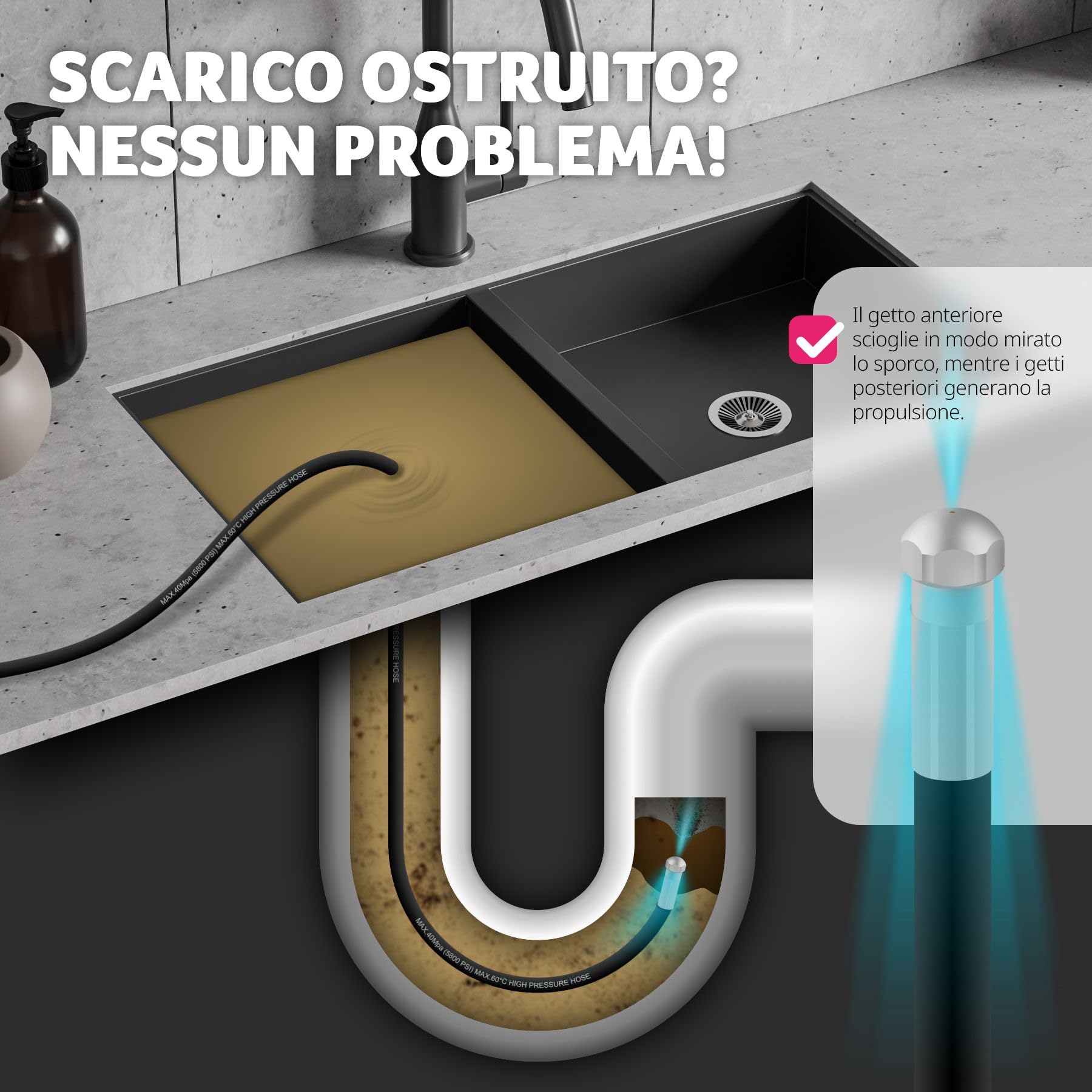 tectake® Set 8 Pezzi Tubo Sturatore con Ugelli in Acciaio Inossidabile, Adattatori Universali, Sonda Sturatubi Idropulitrice, Sonda Stura Lavandini e Scarichi con Isolante e Sacco Contenitore - 30 m