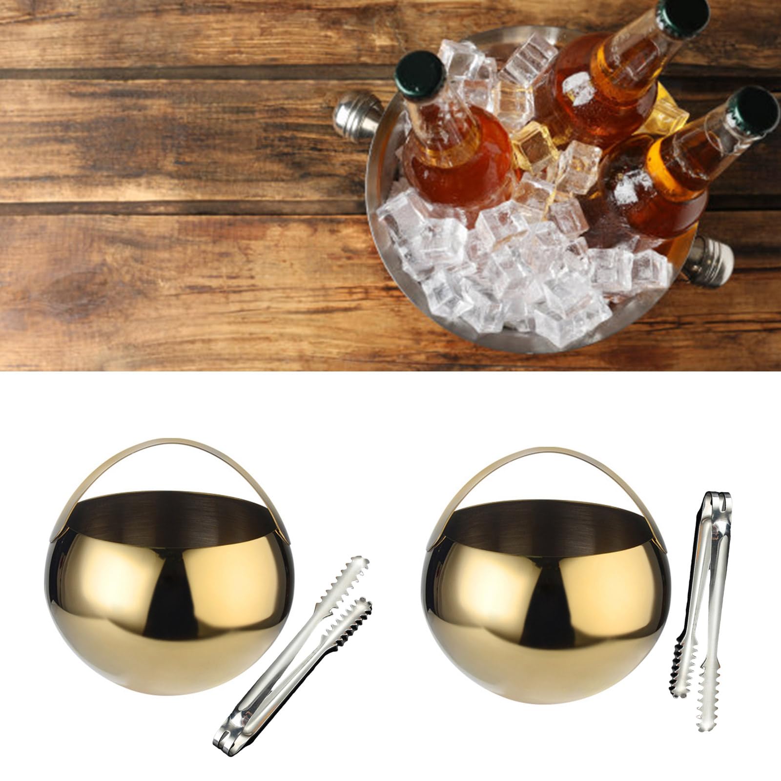 Cubo de hielo redondo con pinzas de acero inoxidable, recipiente refrigerante con capacidad de 2 litros, para cócteles, juego de pinzas y cubetas de acero inoxidable para interiores y exteriores