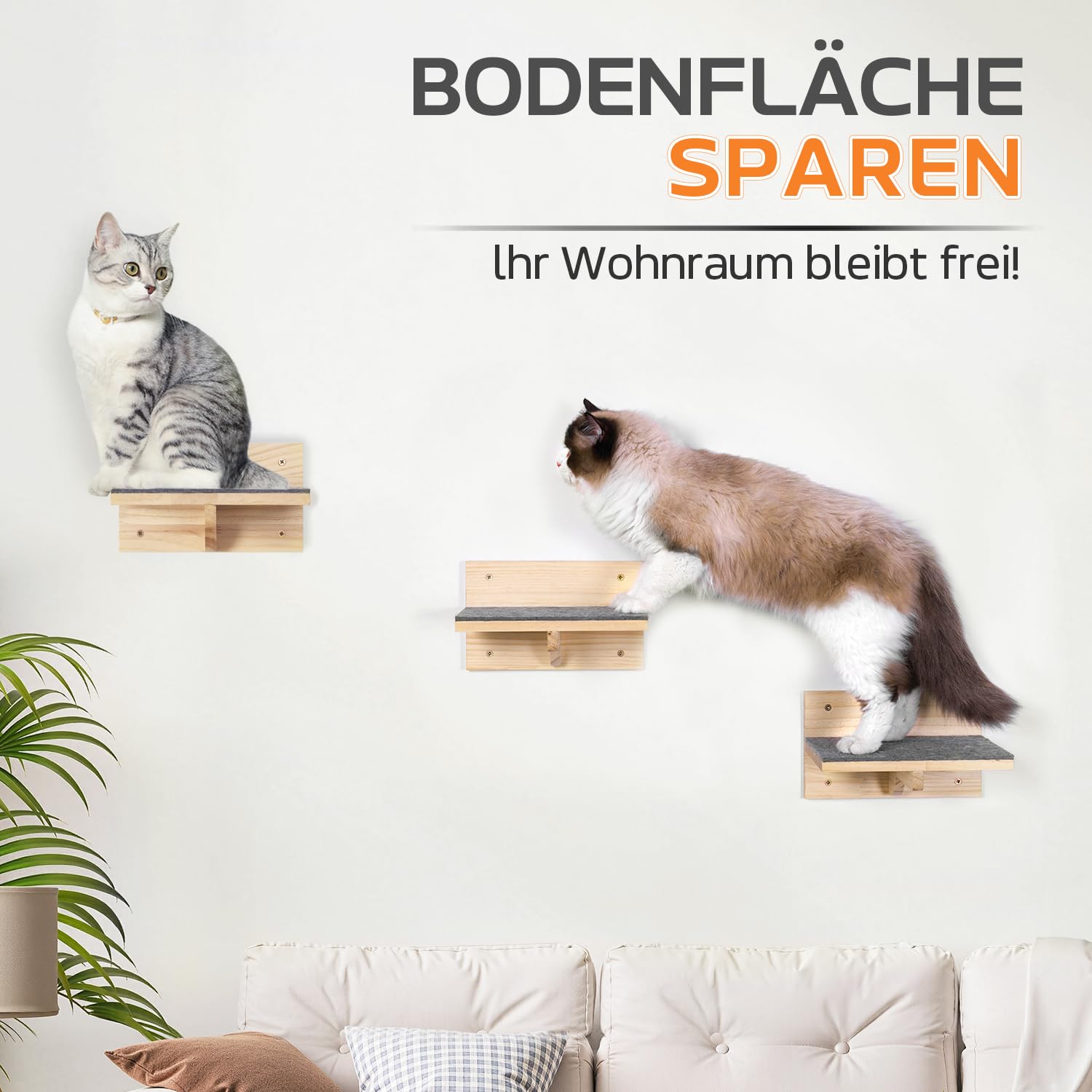 Pawtasy Kletterwand Katzen Katzentreppe Wand 4er-Set Katzen Kletterwand Set Stabiler Katzenwand Naturholz Katzenleiter Katzenwandparkour tragfähig bis 35 kg