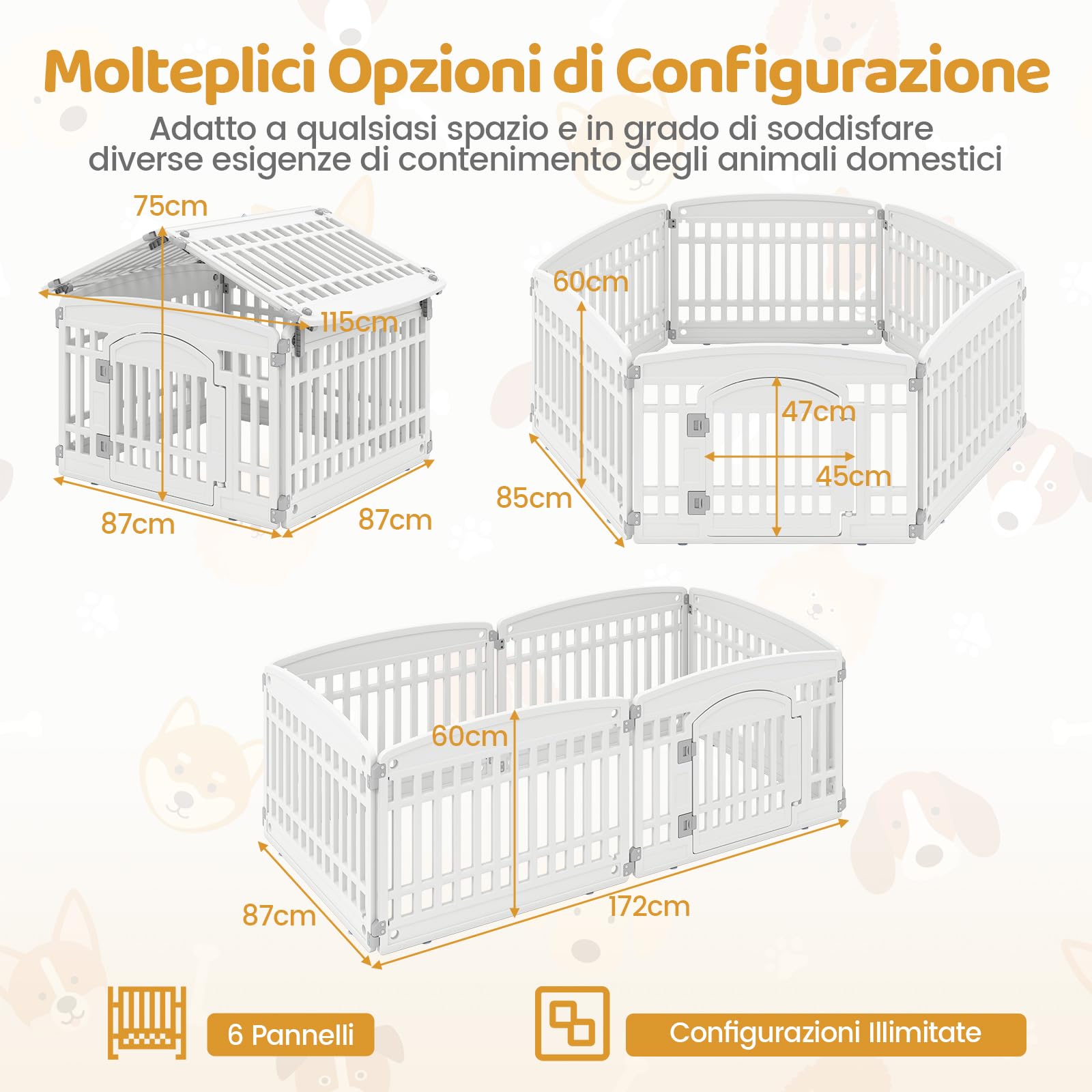 COSTWAY Recinto per Cani da Interno ed Esterno, Recinzione per Animali Domesti Pieghevole a 6 Pannelli 60 cm per Cani Medi e Piccoli con Porta di Bloccaggio Sicura, 172 x 87 x 60 cm