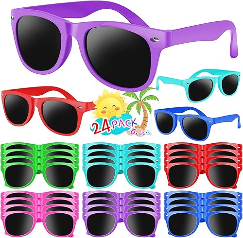 Ynrriiy Gafas de sol para niños a granel, paquete de 24 lentes de sol para niños, regalos de fiesta, gafas de sol de neón para niños y niñas de 3 a