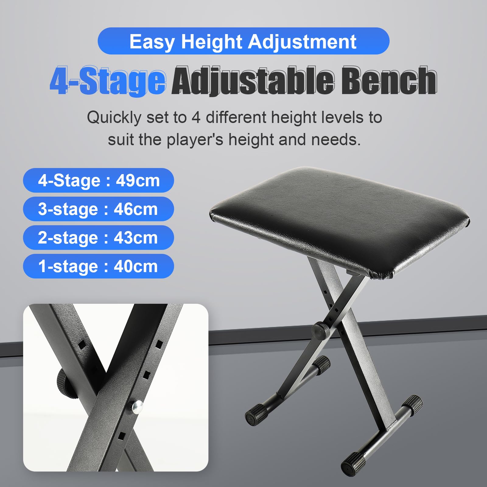 Set Supporto per Tastiera e Sgabello, Doppio X‑Frame, Panchetta Imbottita Regolabile in 4 Posizioni, Stabile e Pieghevole, Cinghie Di Fissaggio Inclusi, Colore Nero