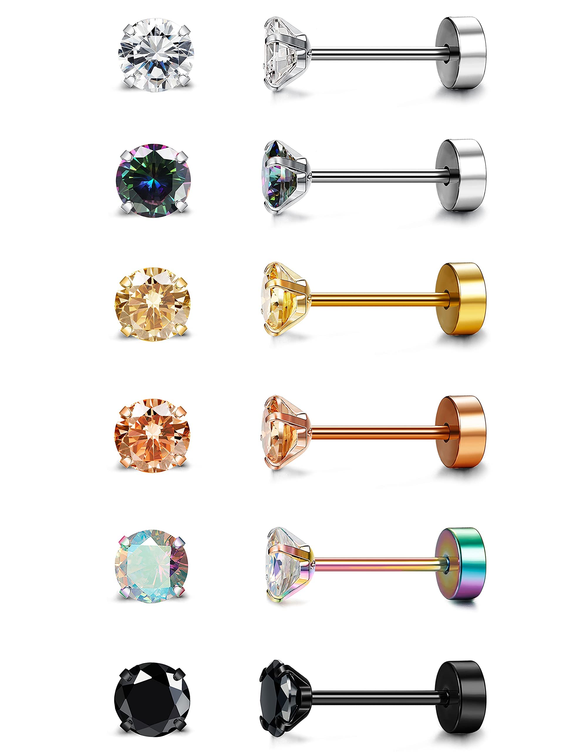 Diamday 6Pairs acero inoxidable cartílago Pendientes para las mujeres los hombres las niñas Tragus CZ plana Volver Tornillo Volver Pendientes conjuntos Hélice hipoalergénico Oído Piercing Joyería