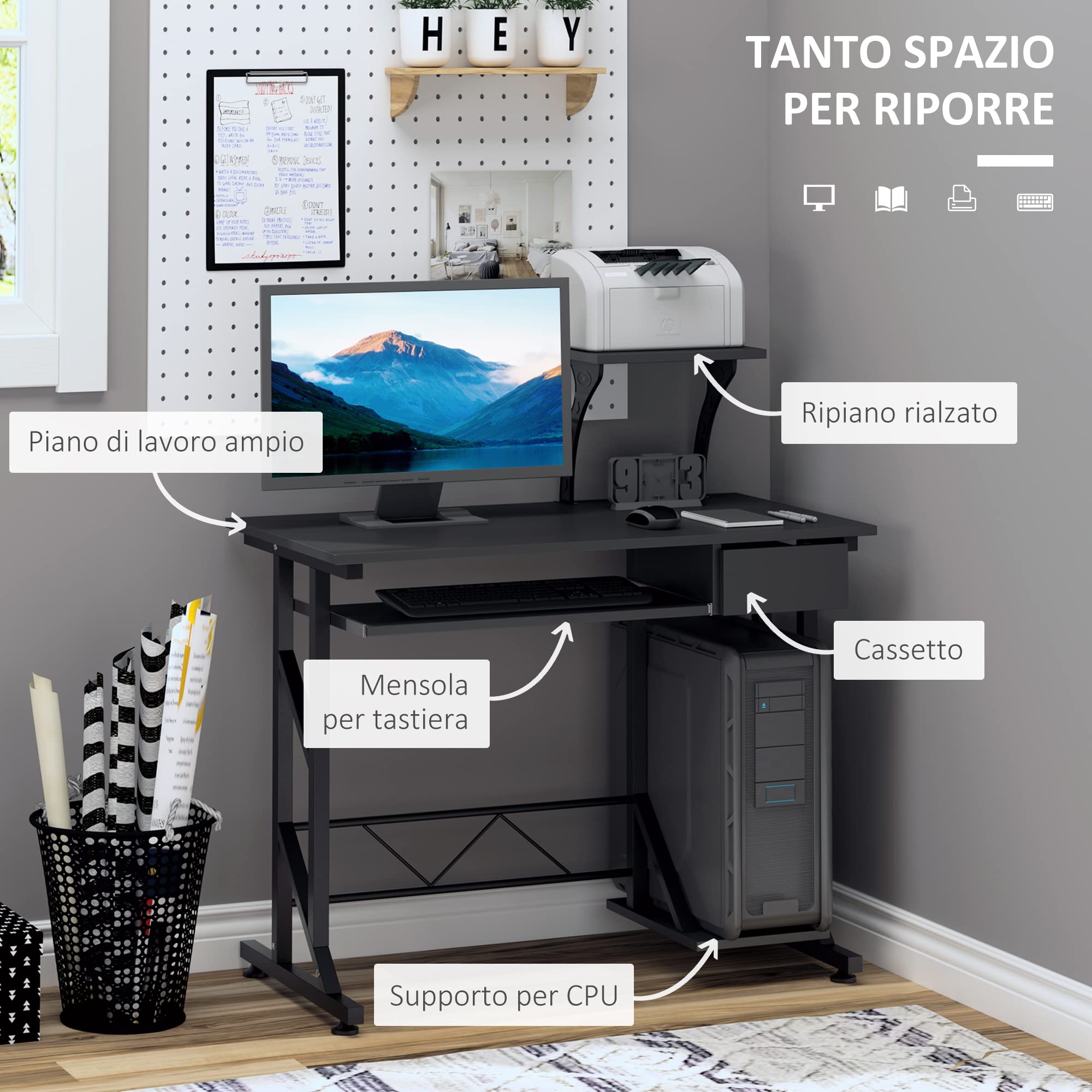 HOMCOM Scrivania per Computer Salvaspazio in Acciaio e Legno, Scrivania da Ufficio con Cassetto, Ripiano Tastiera Estraibile 90 x 50 x 95cm