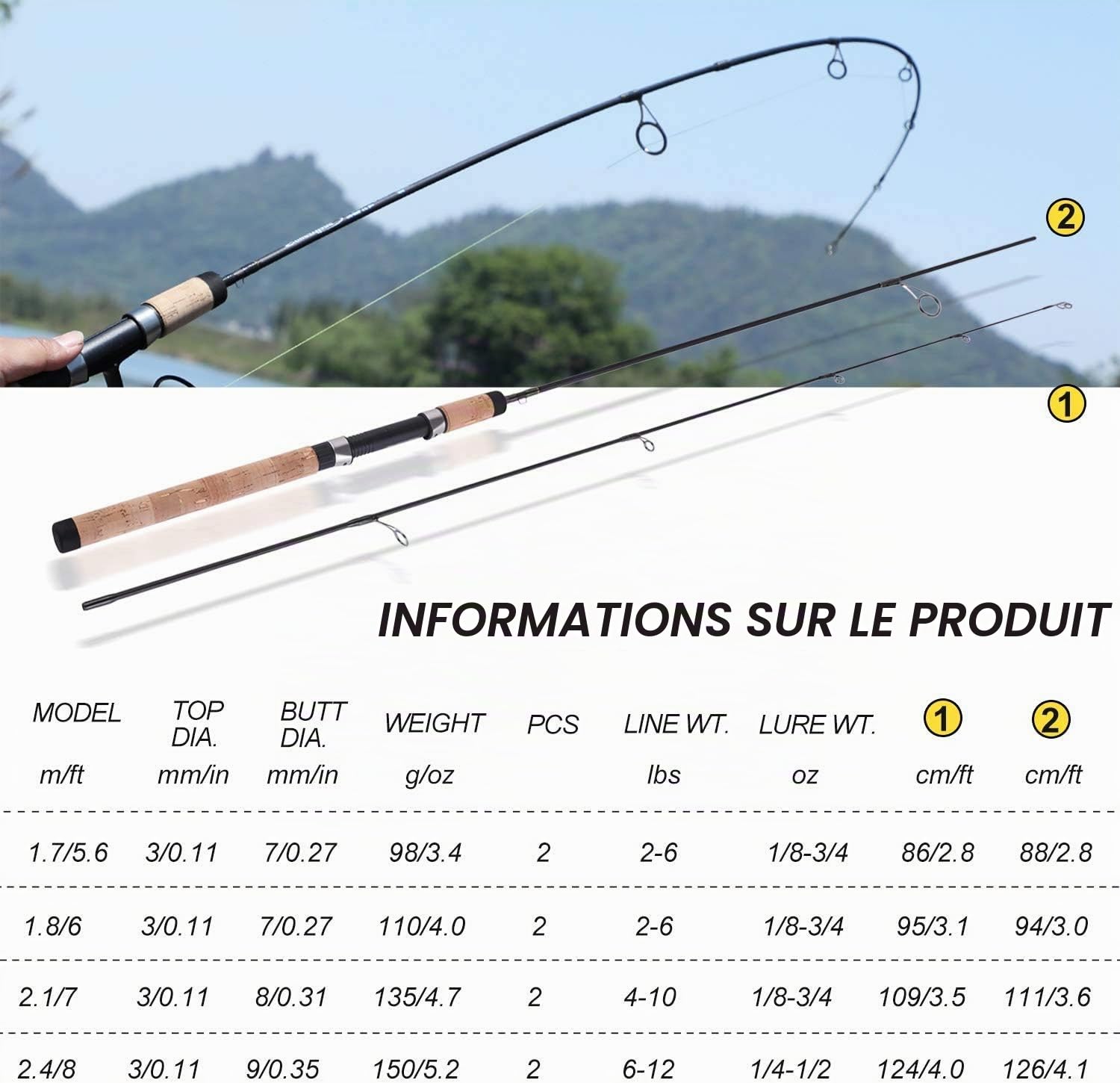 Sougayilang Lot de 2 cannes à pêche légères et résistantes avec poignée en liège et canne en composite de carbone - Cadeau pour les amateurs de pêche