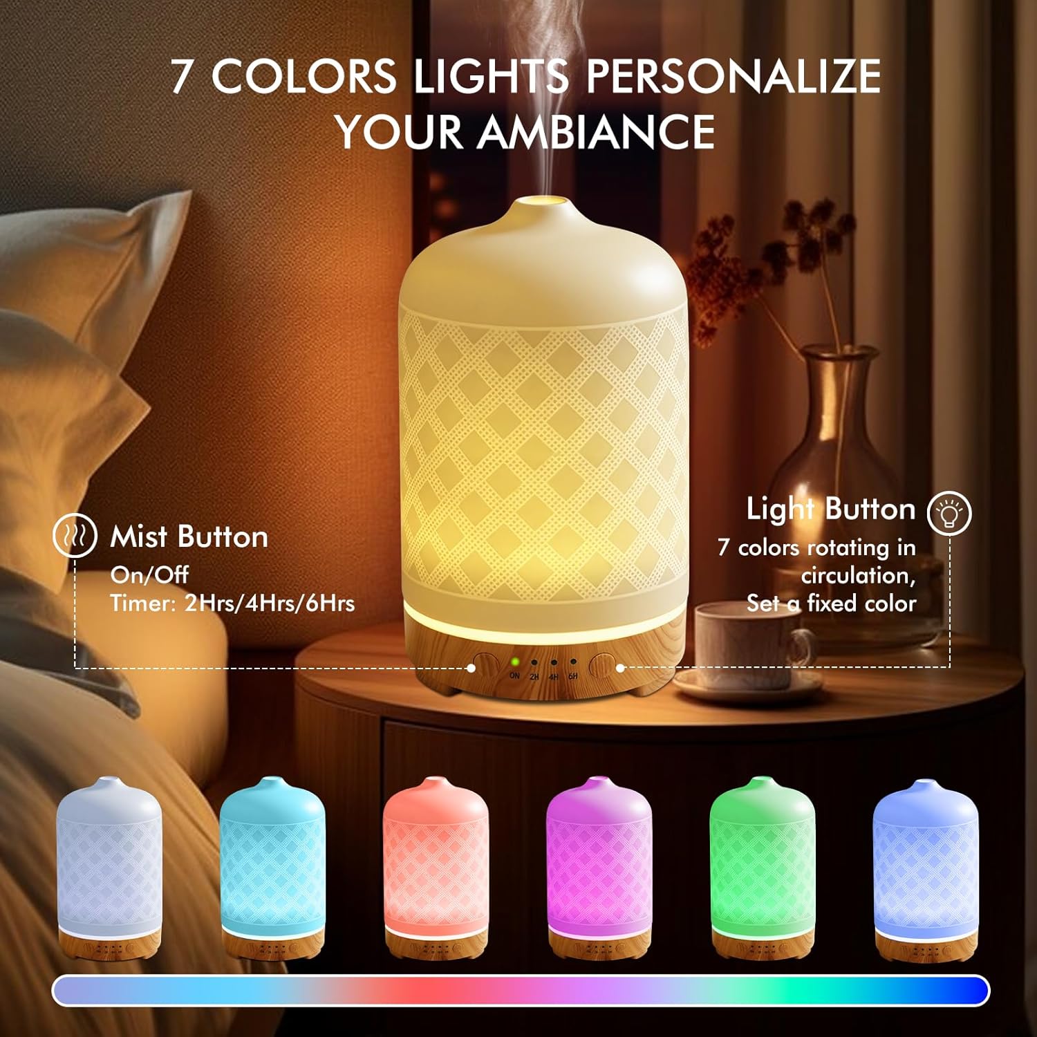 Essential Oil Diffuser 200ml-Ultrasonic Aroma Diffuser with 4 Timers, Aromatherapy Diffuser 7 Color LED Lights with Auto Shut-Off Protection for Home Office Yoga Valentine Gift (Ceramic White) - Image 3