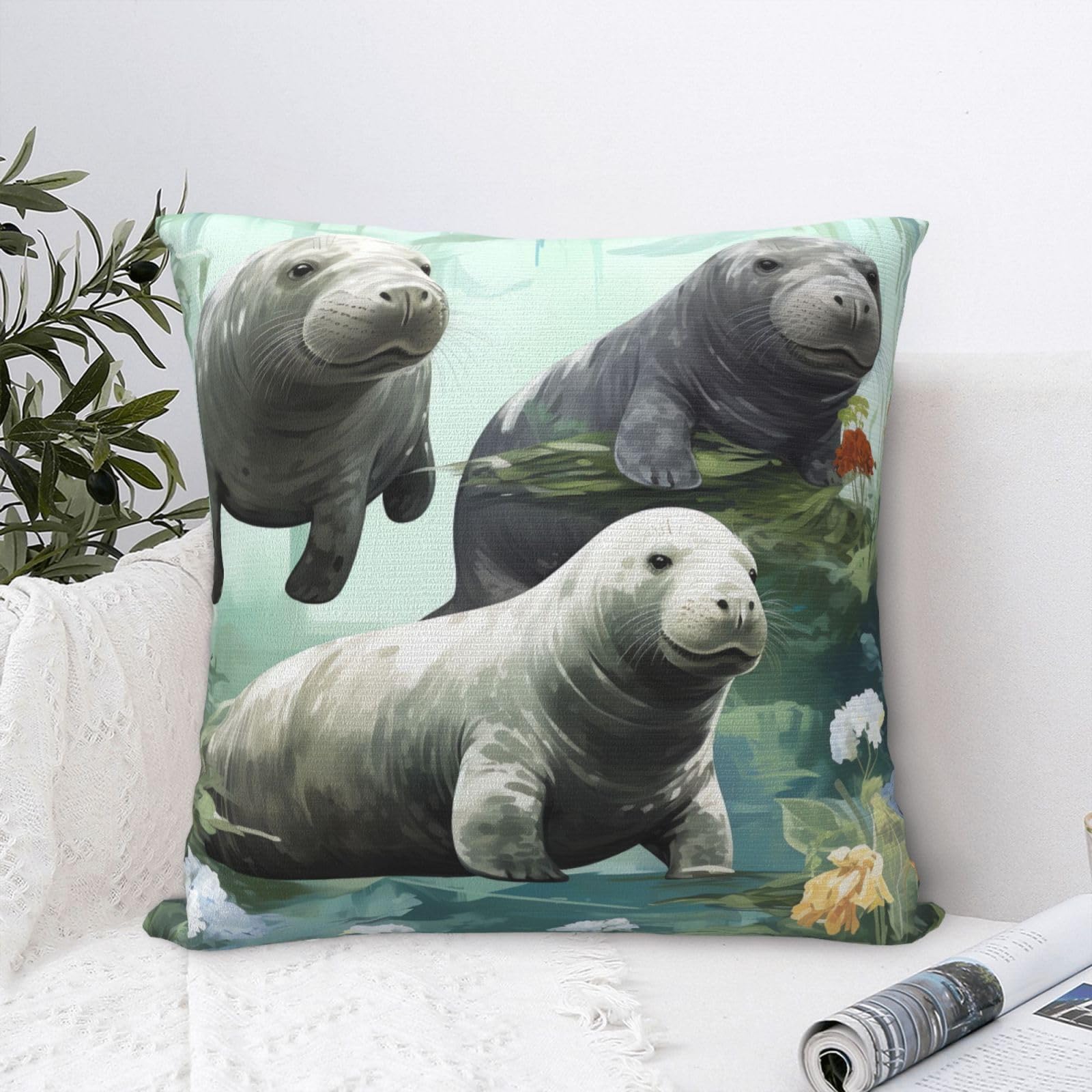 FodPand Luxury Velvet Throw Pillow Covers 20"x20" Super Soft Decorative Pillow Cases - Rabbits Manatees Pillowcases Modern Lumbar Cushion Cases for Couch Sofa Bed Pillow Shams