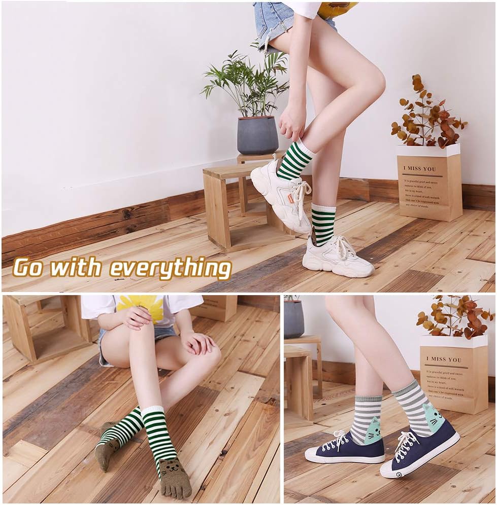 Hellomamma Women's Toe Sock Cute Cat Dog Ankle Sock Cotton Athletic Running Five Finger Socks for Girls