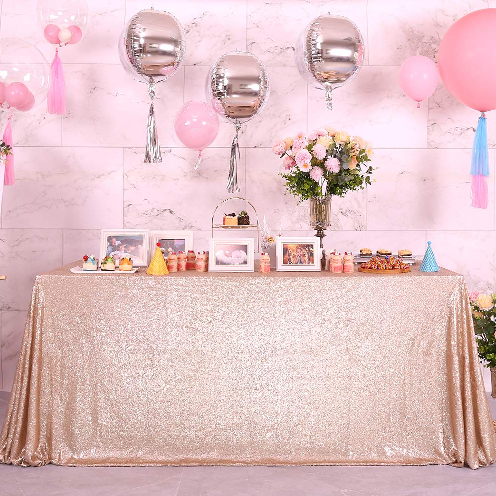 Blxsif Glitter Champagne Sequin Tablecloth Rectangle 50x85inch Sparkle Champagne Table Cover for Party Wedding Birthday Christmas Shimmer Table Cloth Linen