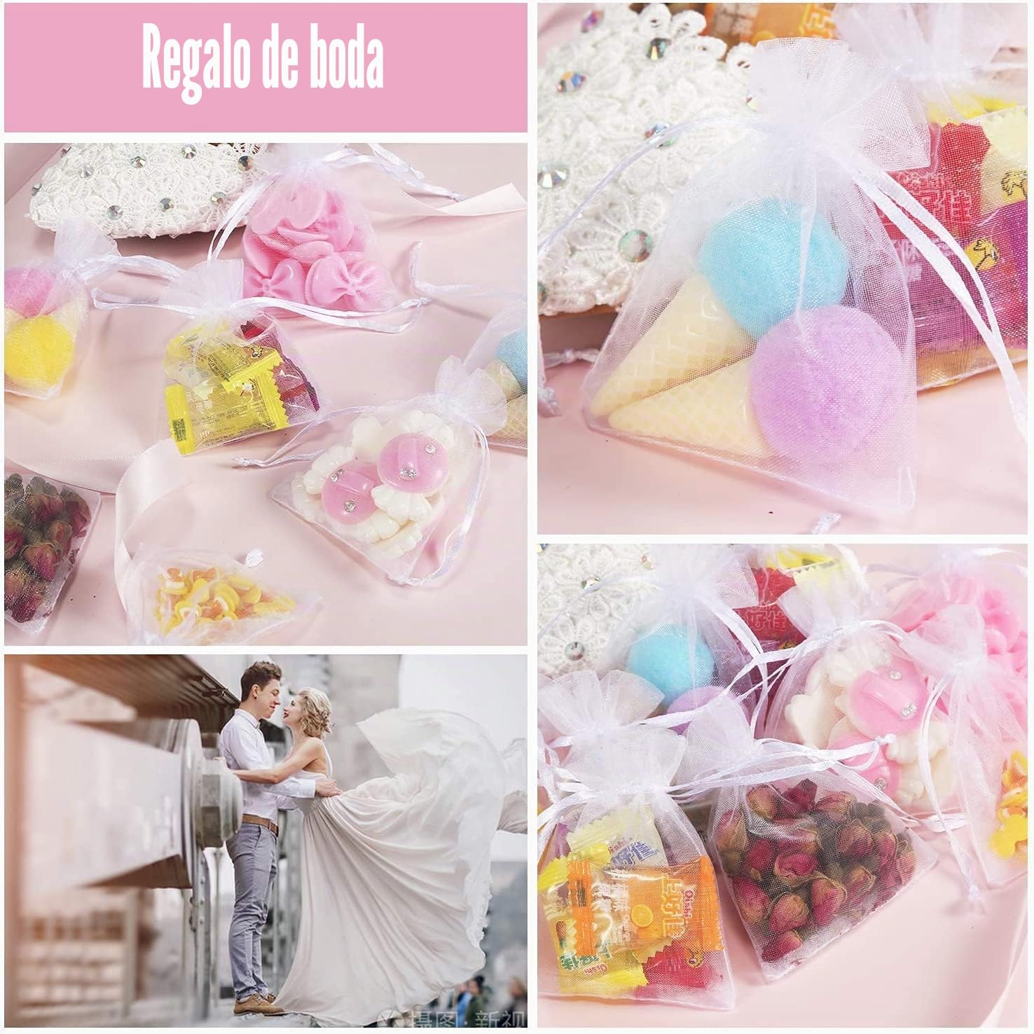 100 bolsas de organza blancas de 9 x 12 cm, bolsas de regalo, joyas para bodas, fiestas, festivales, fiestas y bodas, cordón de satén
