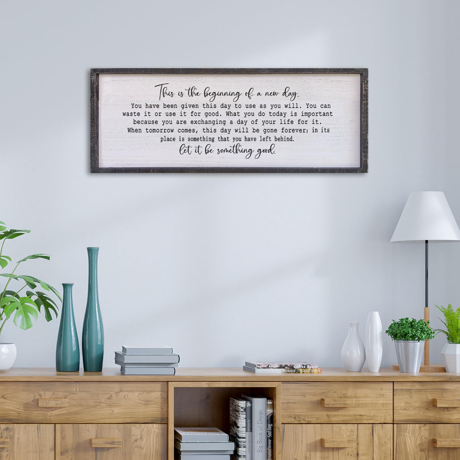 Surfapans This Is The Beginning Of A New Day Wall Decor 32"x12" Modren Large Farmhouse Living Room Inspirational Wood Framed Art Sign Office Home Inspiring Positive Quote Family Decoration (Black)