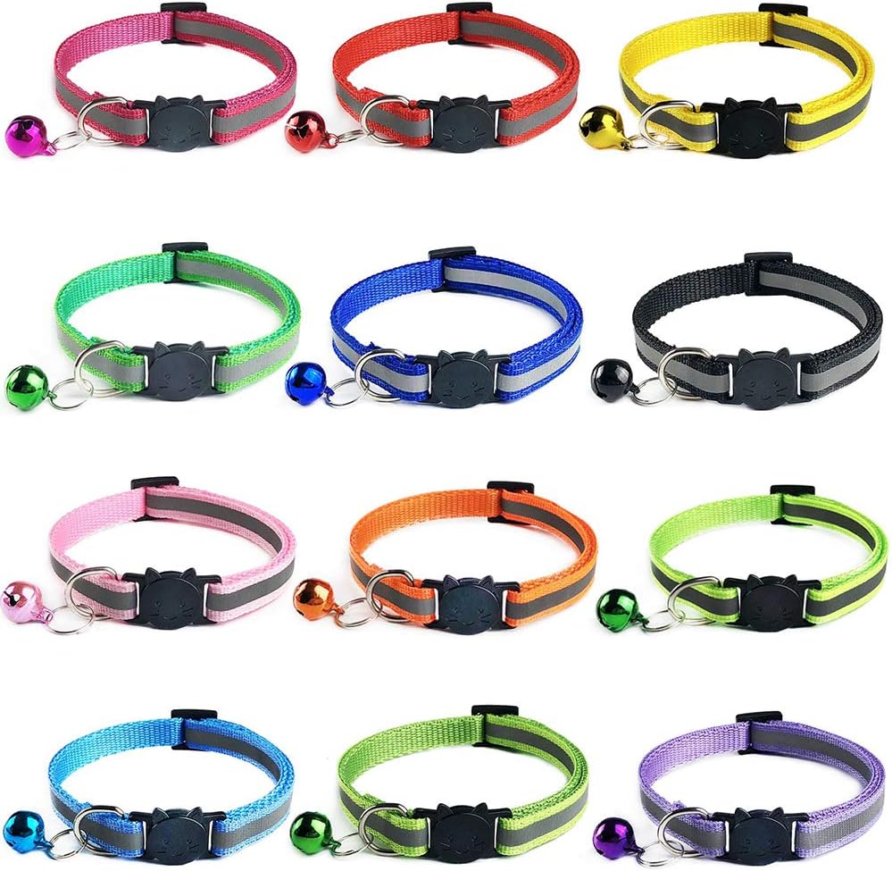 12 PACK Reflective Cat Collars Quick Release Safety Buckle with Bell Adjustable19-32cm (Multi-colored)