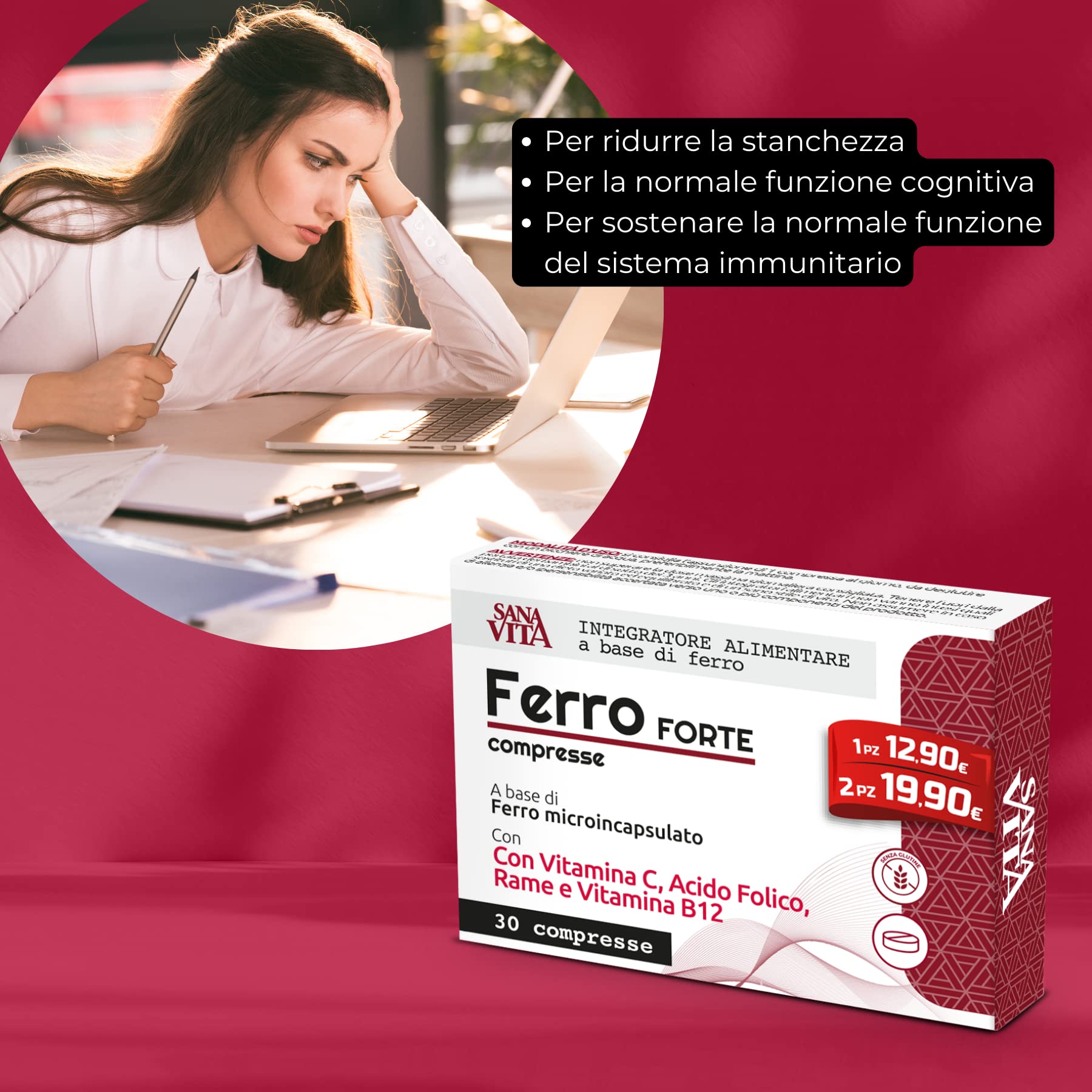 Sanavita Ferro Forte Integratore Alimentare con Ferro Alto dosaggio, Vitamina C, Rame, Acido Folido e Vitamina B12 Alo Dosaggio - 30 compresse