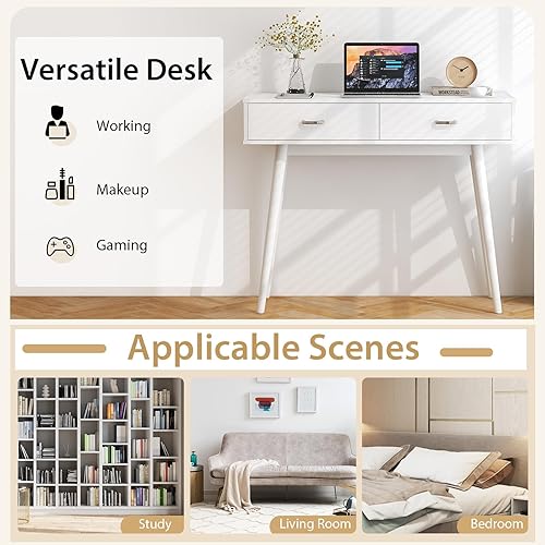 Miniatura 9 de Tangkula Escritorio de mediados de siglo con 2 cajones, moderno escritorio de estudio con patas de madera de goma maciza, escritorio para