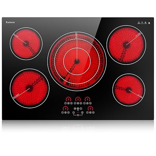 Karinear Electric Cooktop 30 Inch, Upgrade Sensor Touch 5 Burners Electric Stove Top, Built-in Ceramic Cooktop, Pause, Timer, Safety Lock, Triple Ring Expandable Burner,9000W, 220V