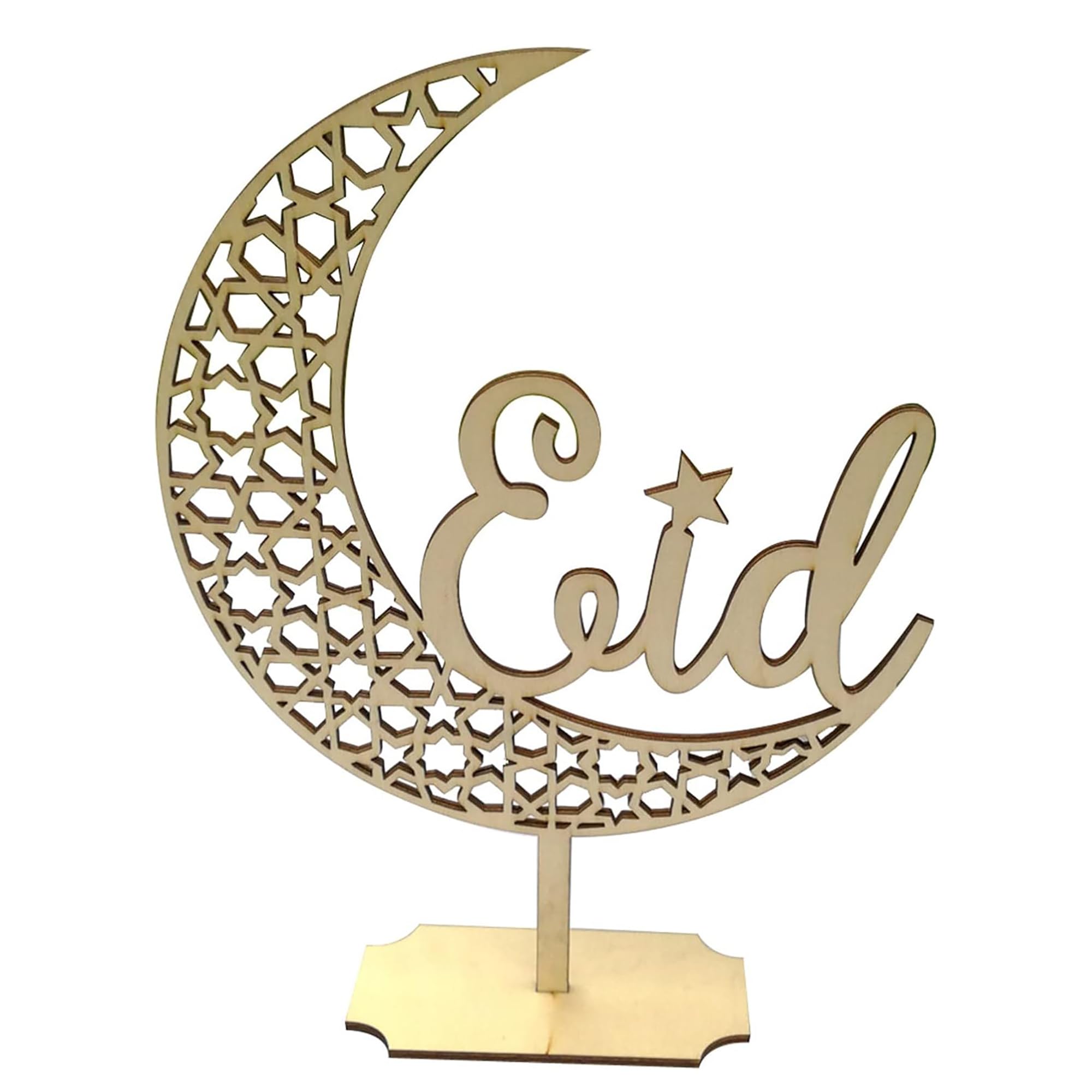 Cliths Eid Mubarak Wooden Table Decor - Ramadan Home Decoration, Islamic Wooden Crescent Moon & Star Cutout, Eid Gifts, Muslim Festival Centerpiece, 10.23 x 7.63 Inch-image-1