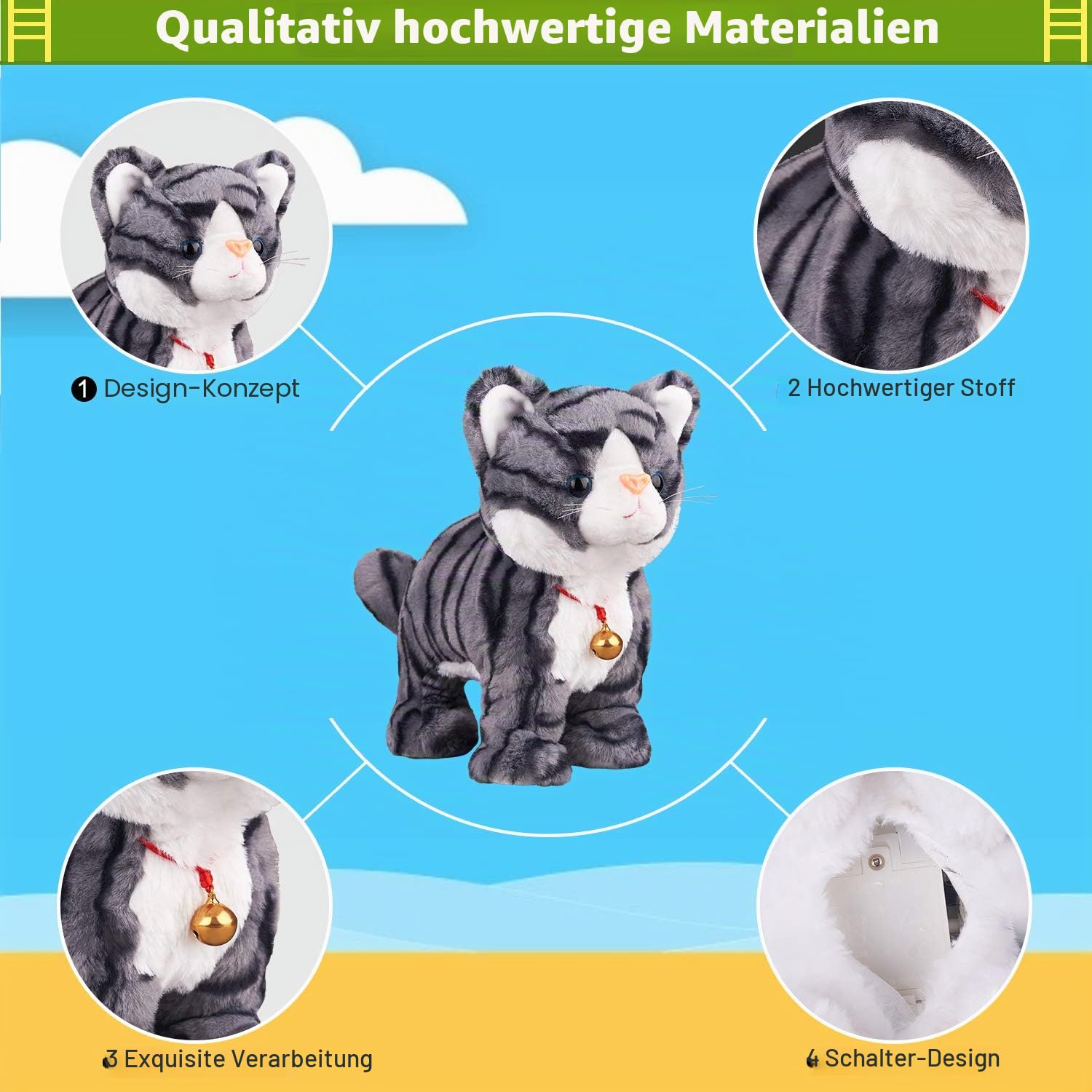 Marsjoy Interaktive Plüschkatze, Plüschtiere, graues Roboter, mit Berührungskontrolle, elektronisches Katzen-Haustier, Roboter-Katzen-Spielzeug, animiertes Spielzeug für Mädchen, Kinder, L: 30.5 cm