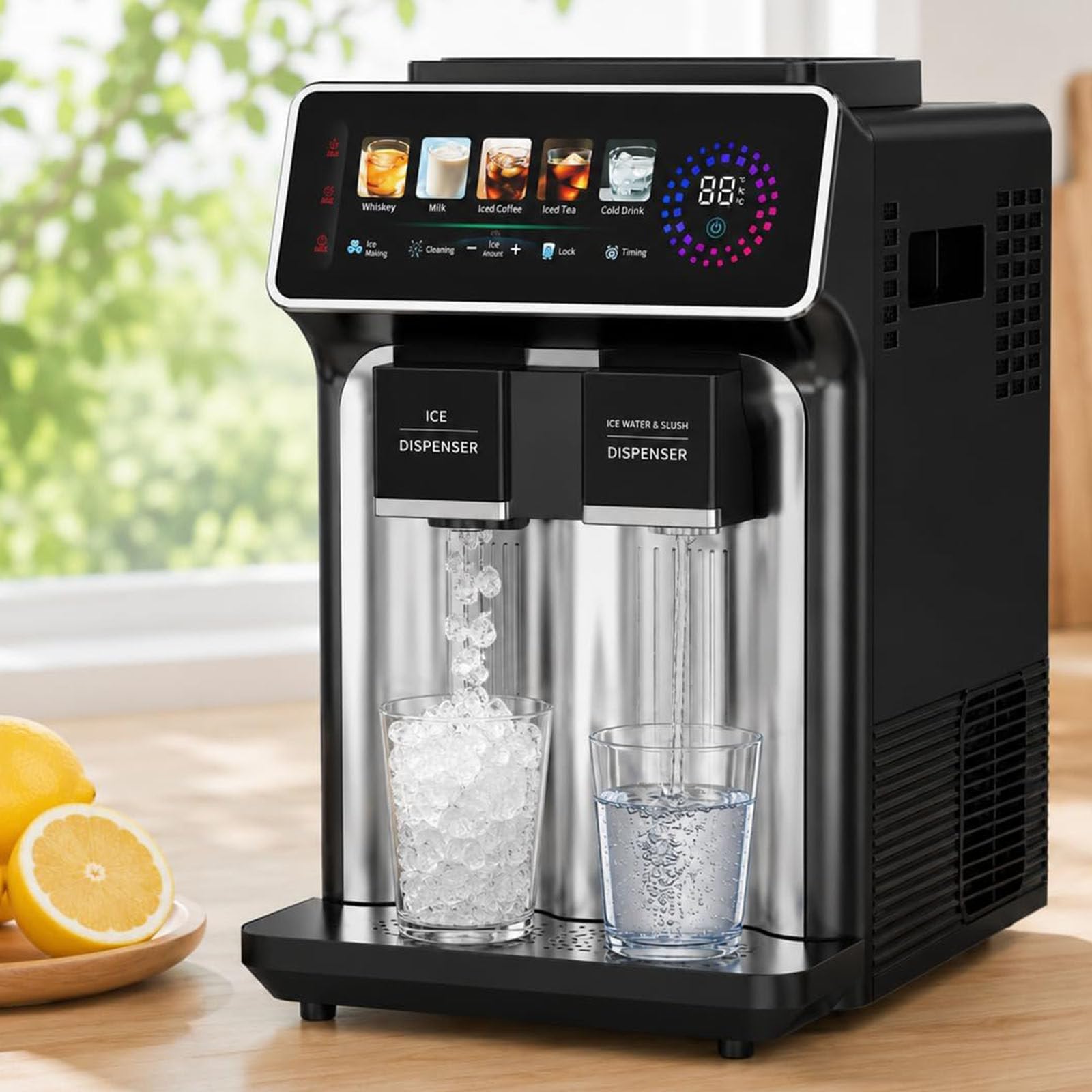 Machine à Glaçons 3-en-1 Comptoir,Machine à Glaçons Professionnelle avec écran LCD,15Kg/24H,Eau Fraîche à 5°c Et Smoothies,5 Programmes Prédéfinis,pour Fêtes,Bars Et Bureaux Black