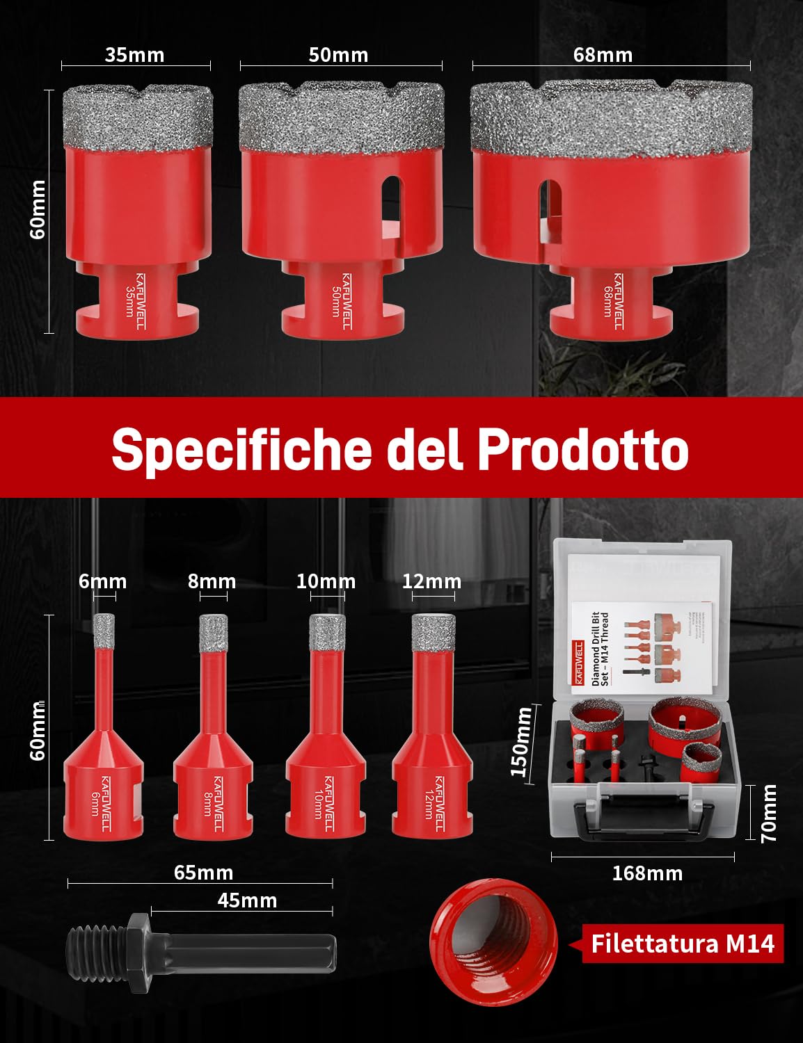 Set da 8 Punte Trapano Diamantata, Frese Piastrelle Ø 6/8/10/12/35/50/68mm con Adattatore M14 a Gambo Esagonale, Vacuum Brasato, per Porcellana, Granito, Marmo, Taglio a Secco