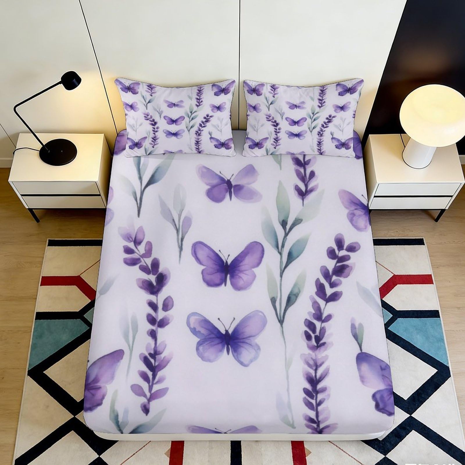 3D Printed Purple Butterfly Fitted Sheet Microfiber Soft Breathable Lavender Floral Bed Cover for Bedroom Dormitory Guest Room Mattress Protection Decor 200x200x25cm