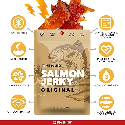 Miniatura 5 de Kaimana Jerky Wild Caught Salmon Jerky - Tiras de pescado secas ahumadas gourmet orgánicas ricas en omega-3 y proteínas, bocadillo de mariscos bajo