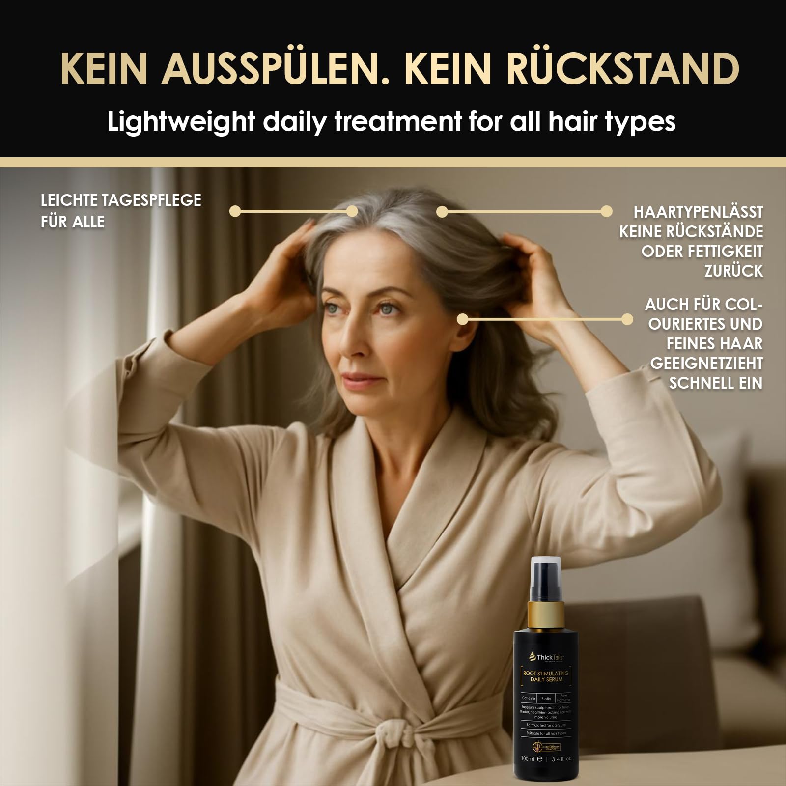 ThickTails Haarwachstums-Serum für Frauen – Leave-In Serum mit Koffein, Biotin & Peptiden – Unterstützt volleres, kräftiger aussehendes Haar & gepflegte Kopfhaut – Leicht, nicht fettend, sulfatfrei