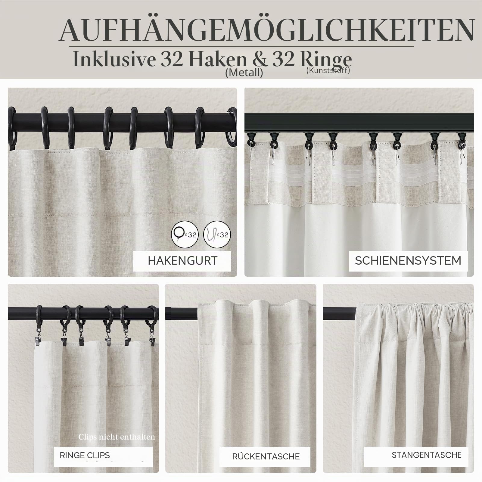 QJmydeco Vorhänge, extralang, für großes Fenster, 330 cm, Länge 2 Paneele, Verdunkelung, Leinenrückseite, Plissee-Vorhang für Schienen-Deckenmontage, mit Hakenringen, 332 cm
