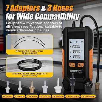 Manometer HVAC Gas Pressure Tester Dual Port Digital Manometer -14.65~29psi Differential Pressure Gauge with 6 Units,7 Adapters, Data Hold & Zeroing, Auto Calibration,Backlit Screen Air Pressure Meter