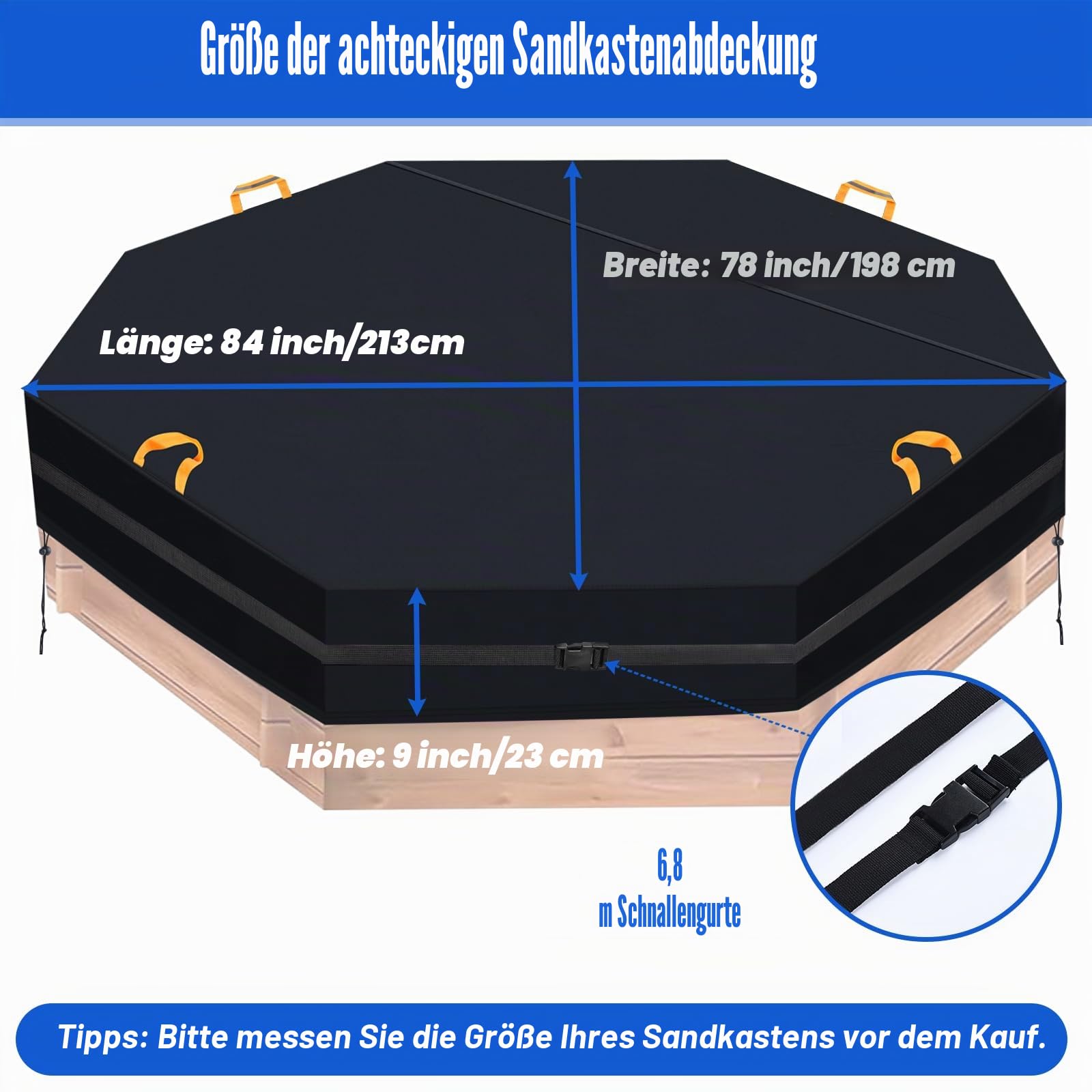 Wasserdicht Achteckige Sandkastenabdeckung mit 7M Winddicht Schnalle, 600D Oxford Outdoor Garten Sandkasten Pool Schutz Abdeckplane mit 4 reflektierenden Griffen und 2 Kordelzügen (213 x 200 x 23 cm)