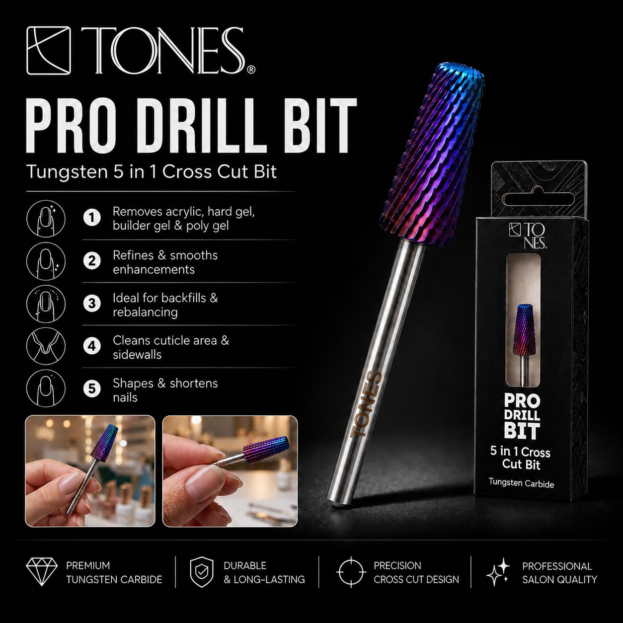 Tones Punta per trapano per unghie, 5 in 1, per levigatura a croce per lima elettrica, per rimuovere acrilico e gel, manicure, nail art