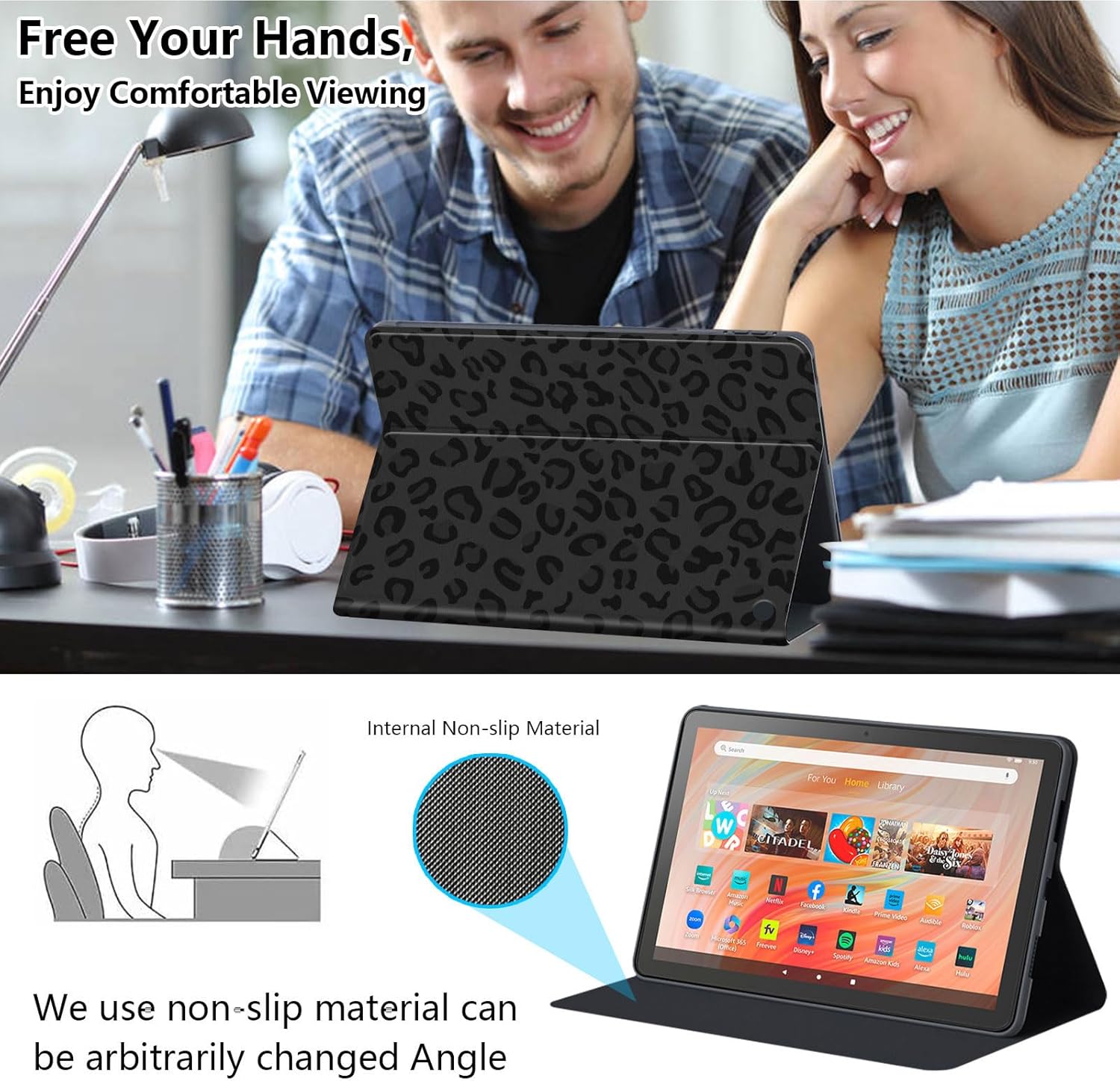Slim Case for Amazon Fire HD 10 & 10 Plus Tablet (13th/11th Gen, 2023/2021 Release), PU Leather Folio Cover with Stand & Auto Wake/Sleep for Fire HD 10, Black Leopard Print