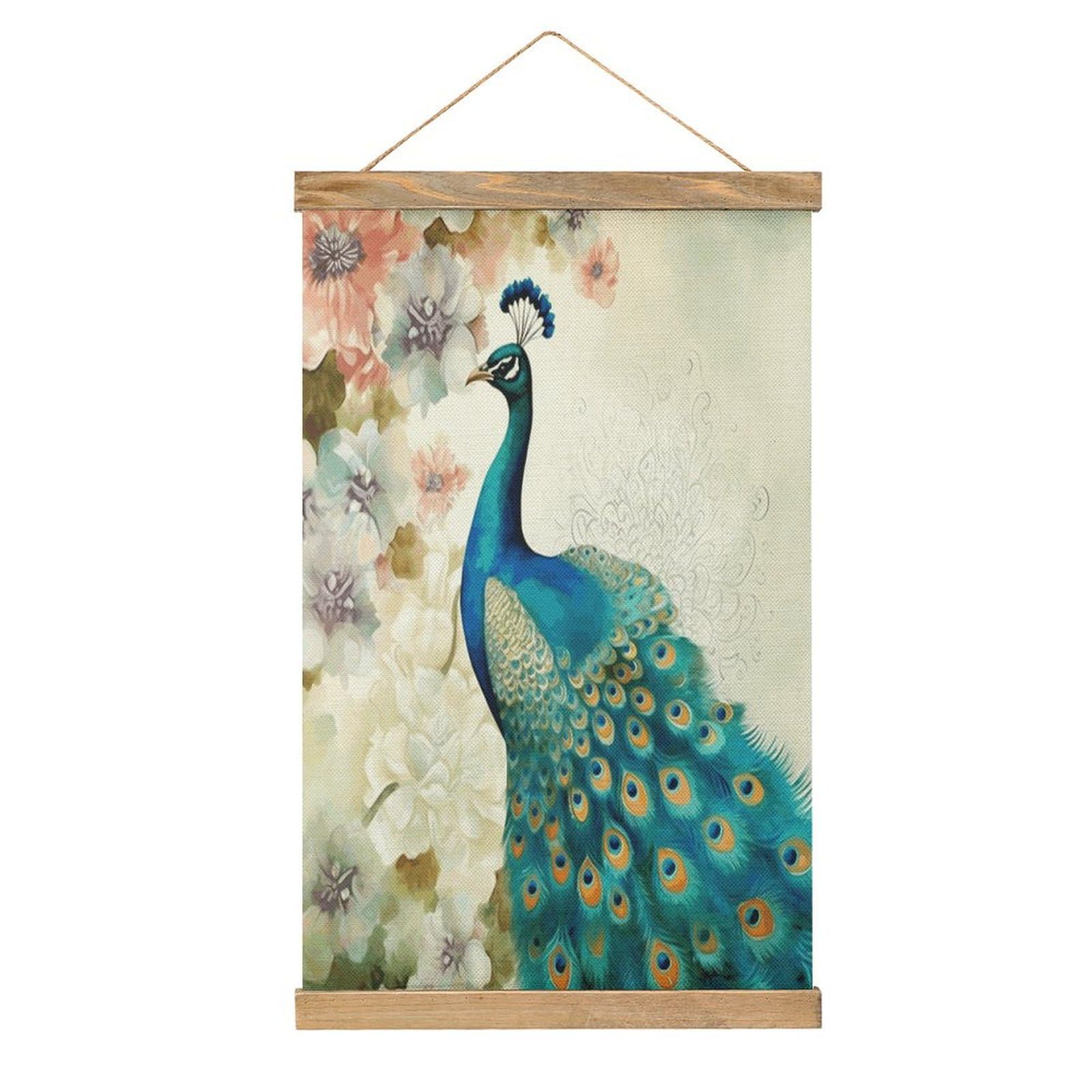 FekiLoot Beautiful Peacock And Floral Wall Art Poster Hanger Frame Linen Wall Art Decor Vintage Hanging Poster Hanging Wall Decor Rustic Retro Wall Art Print for Living Room Decor 20.4 X 13.1Inches