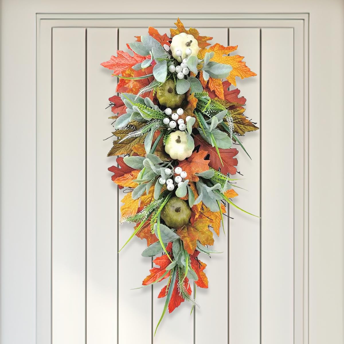 JOYWU Fall Teardrop Hanging Wall Decoration,18 in Fall Harvest Swag with Pumpkins,Maple Leaves,Berries and Green Leaves,Autumn Wreath for Front Door,Wall and Fireplace,Thanksgiving Swag Wreath