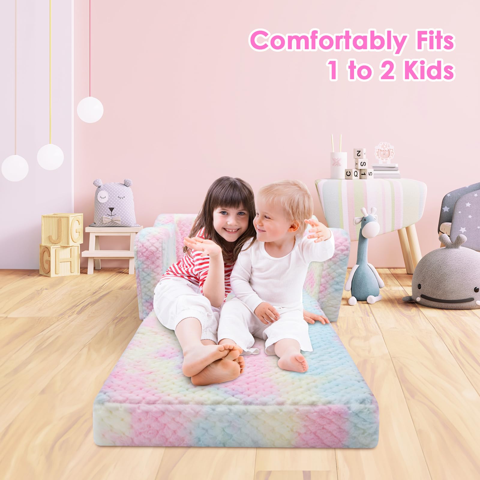 decalsweet Kindersofa Ausklappbar mit Sternenkissen,2 in 1 Schlafsofa Kindersessel für Mädchen,Plüsch Kinder Couch für Schlafzimmer Spielzimmer Kinderzimmer,Geschenk zum Geburtstag-Rosa Geometrie