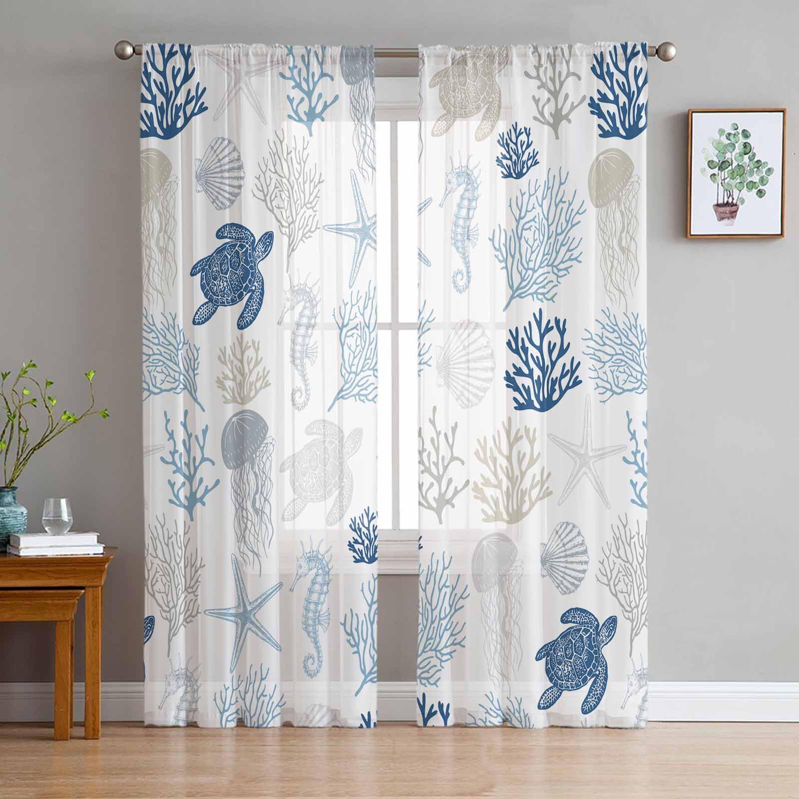 Blue Nautical Ocean Sheer Curtains 84 Inch Length 2 Panels Set, Coastal Coral Sea Turtle Kitchen Curtains Sheer Rod Pocket Privacy Drapes Summer Beach