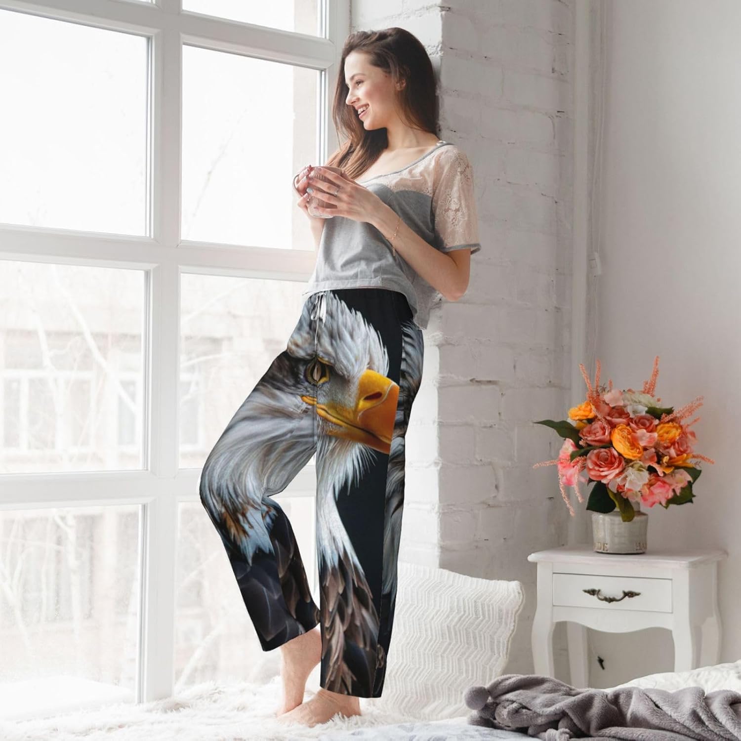 Bald Eagle Print Fashion Cozy Womens Flannel Pajama Pants,Perfect For Christmas And Everyday Wear