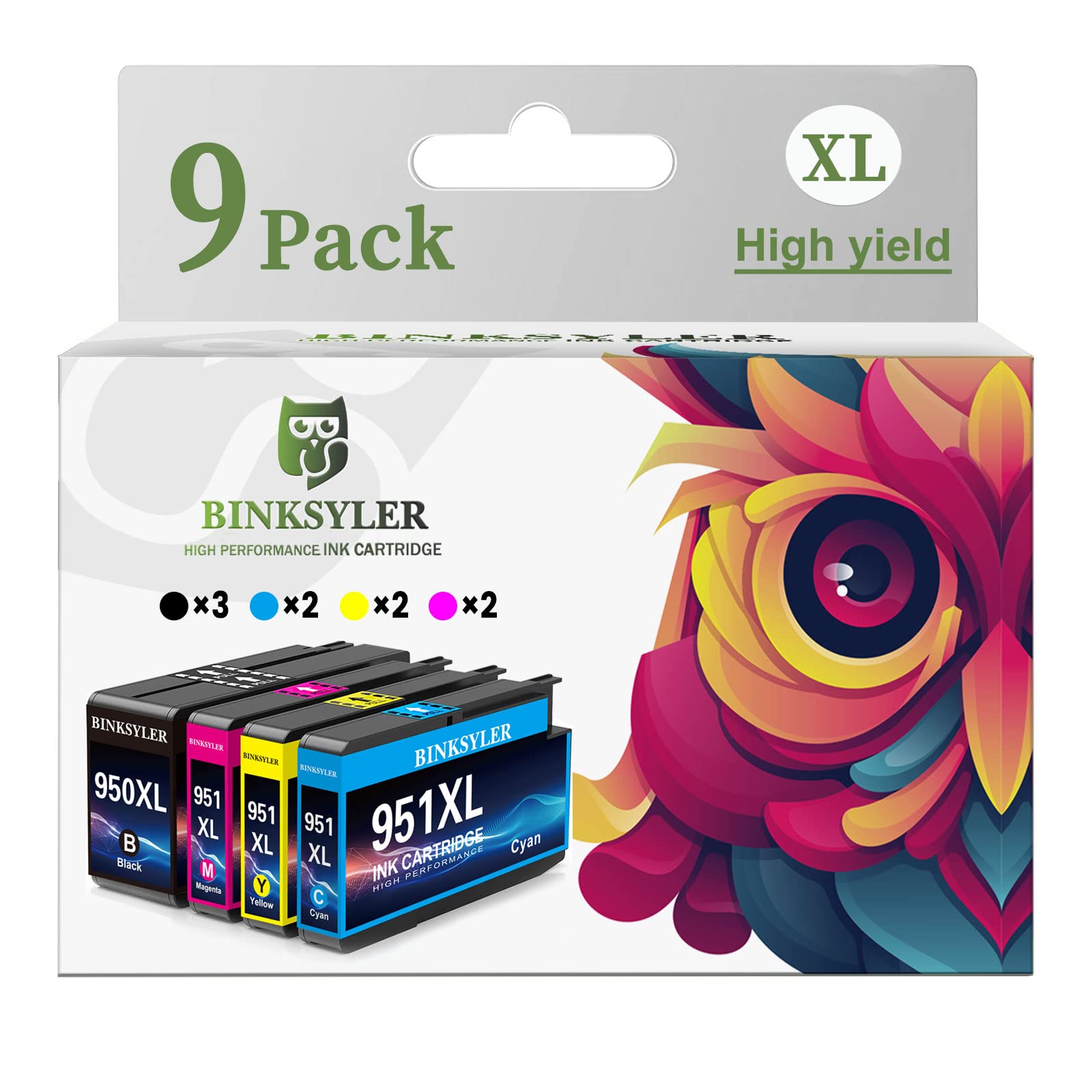 BINKSYLER9 Pack 950 951XL Ink Cartridges Compatible Replacement for HP 950XL 951XL Ink Cartridges for HP Officejet Pro 8600 8610 8620 8630 8640 8625 8615 8100 251dw 271dw 276dw Printer(3BK/2C/2M/2Y)