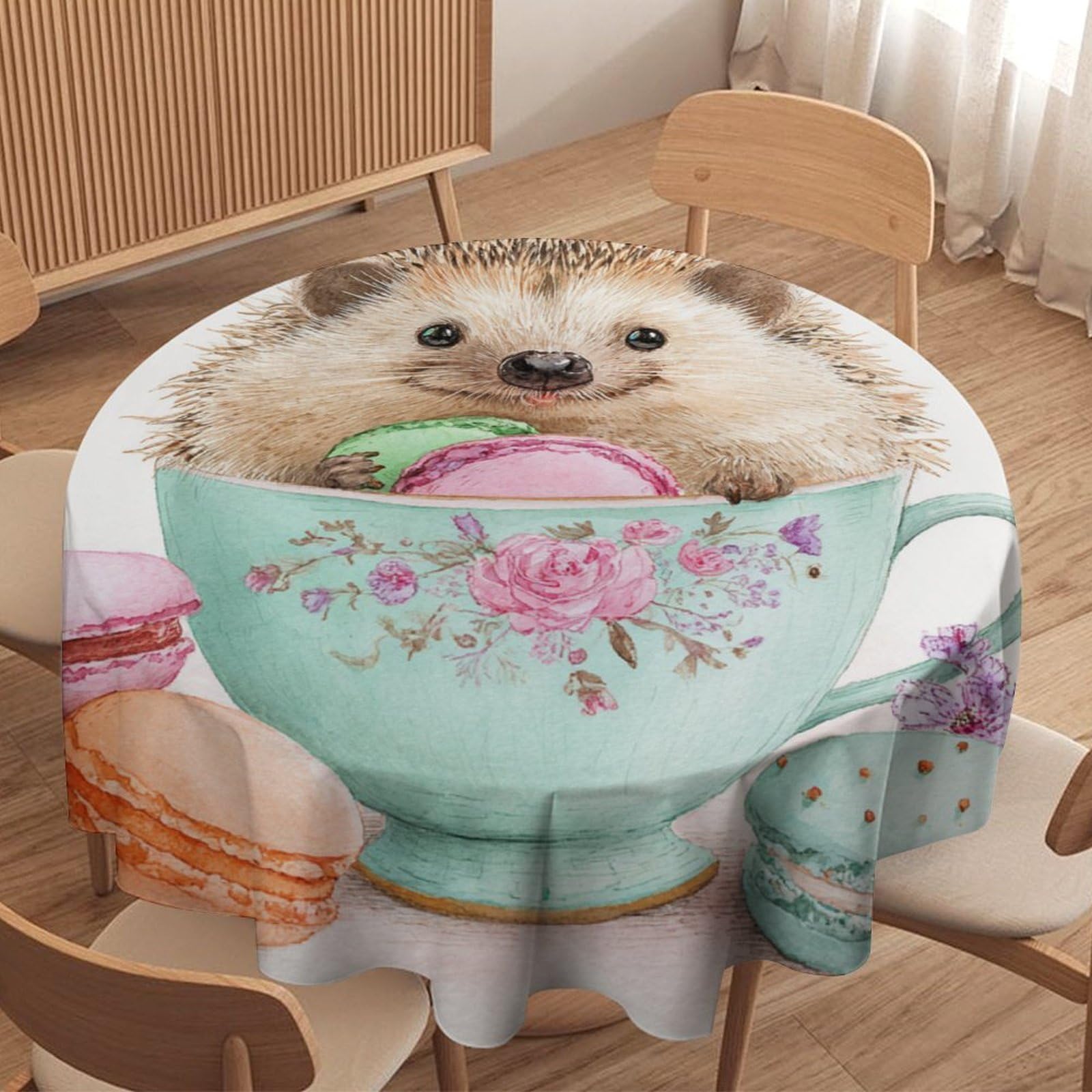 LUYYSKY Fantasy Classic Cute Hedgehogs Round Tablecloth Beautiful Abstract Macarons Floral Animals Hedgehog Pattern Washable Decor for Table Cover for Kitchen-177.8" Wx177.8 L cm
