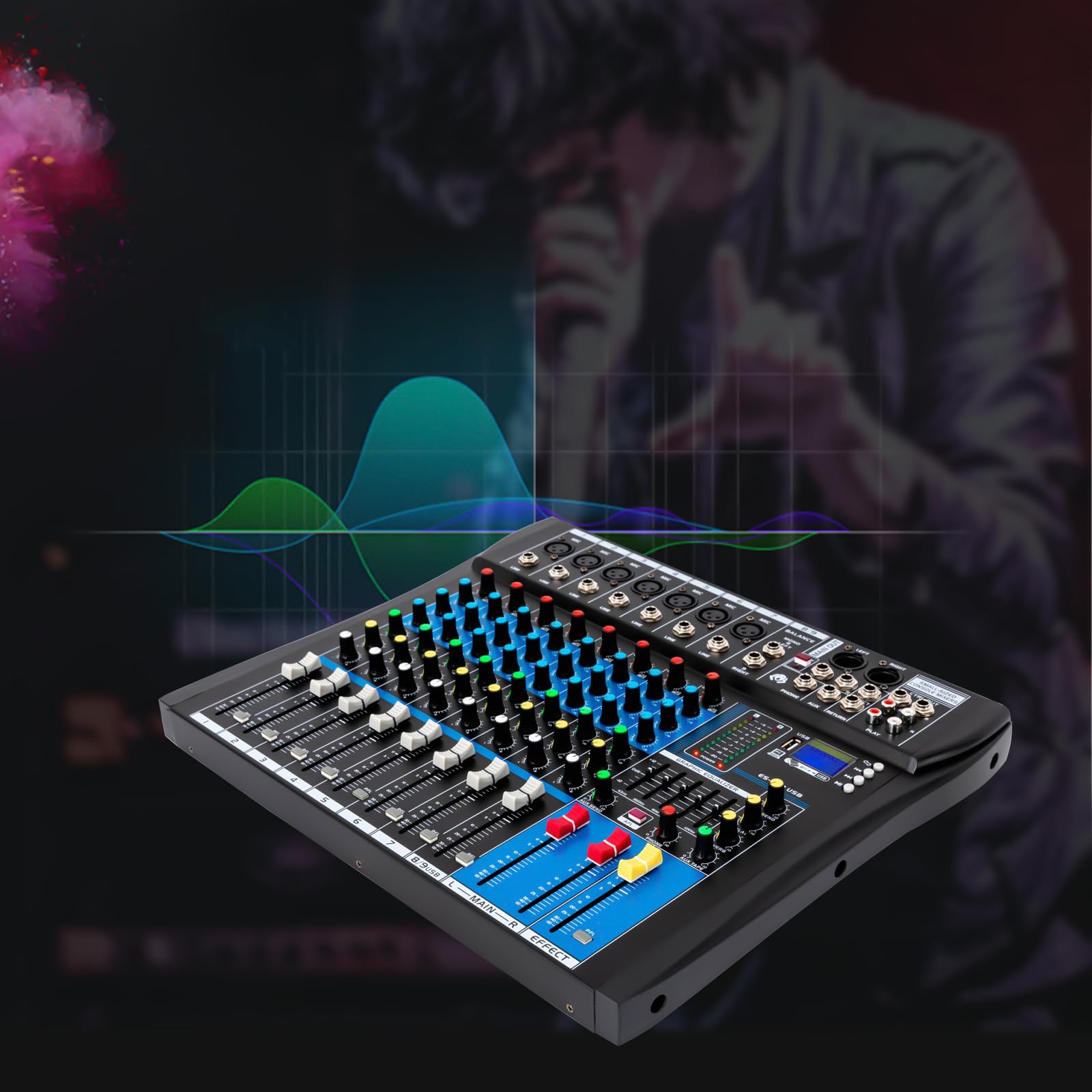 DJ - Mixer digitale Bluetooth con amplificatore, mixer audio multicanale, 8 canali, 5 bande, 4 effetti hall, per home TV, conferenze, palcoscenico