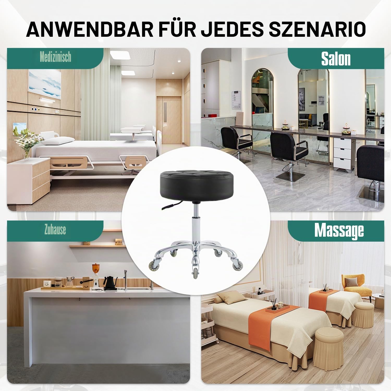 Ainilaily Roll hocker mit Rollen, Dickes Kissen, strapazierfähig, für Kosmetiker, hydraulischer Stuhl, Hocker für Arbeit, Medizin, Tattoo-Salon, Büro (schwarz)