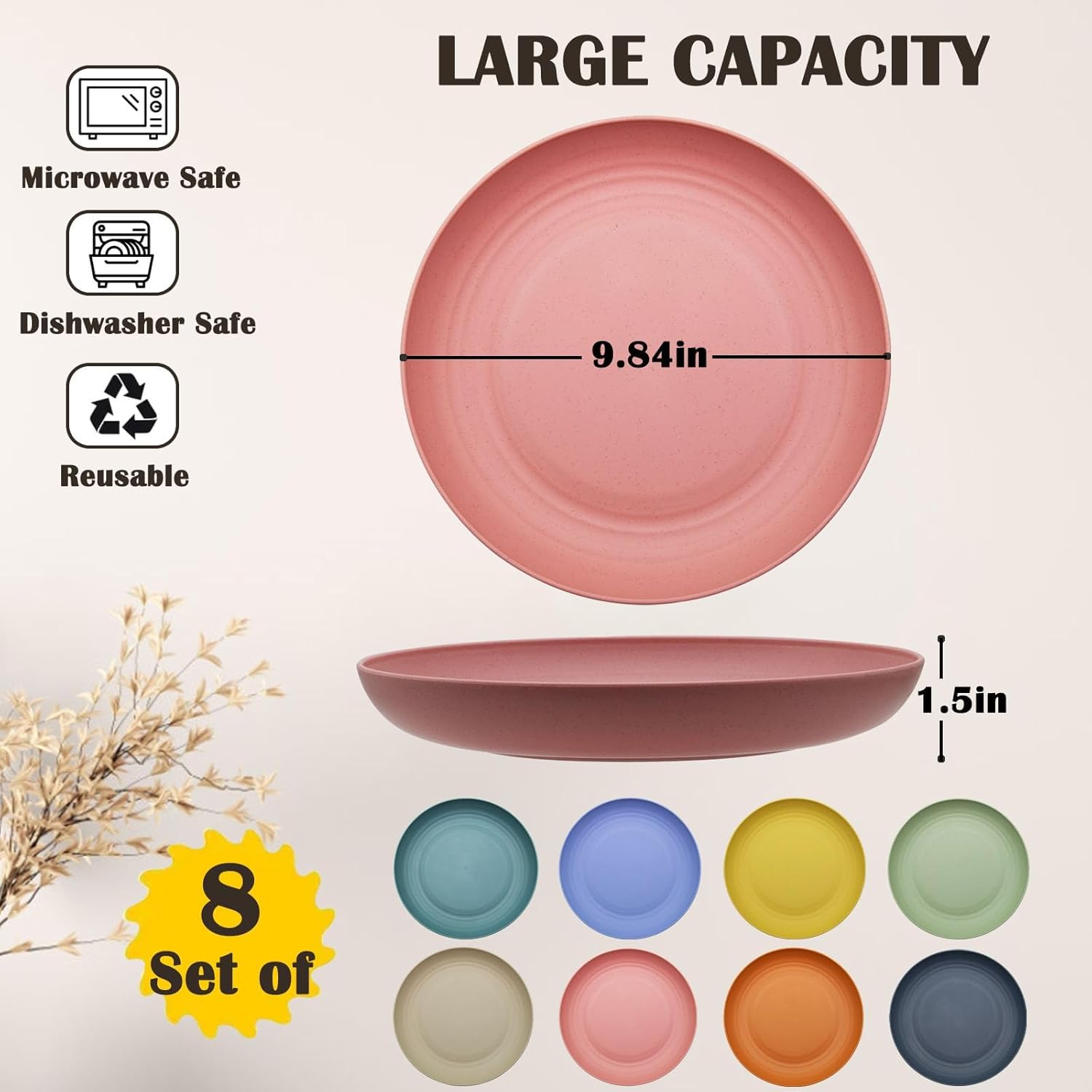 Deep Dinner Plates Set, 10in Unbreakable Wheat Straw Plates, 8pcs Lightweight Dinner Dishes, Microwave and Dishwasher Safe Plate for Kitchen - Image 2