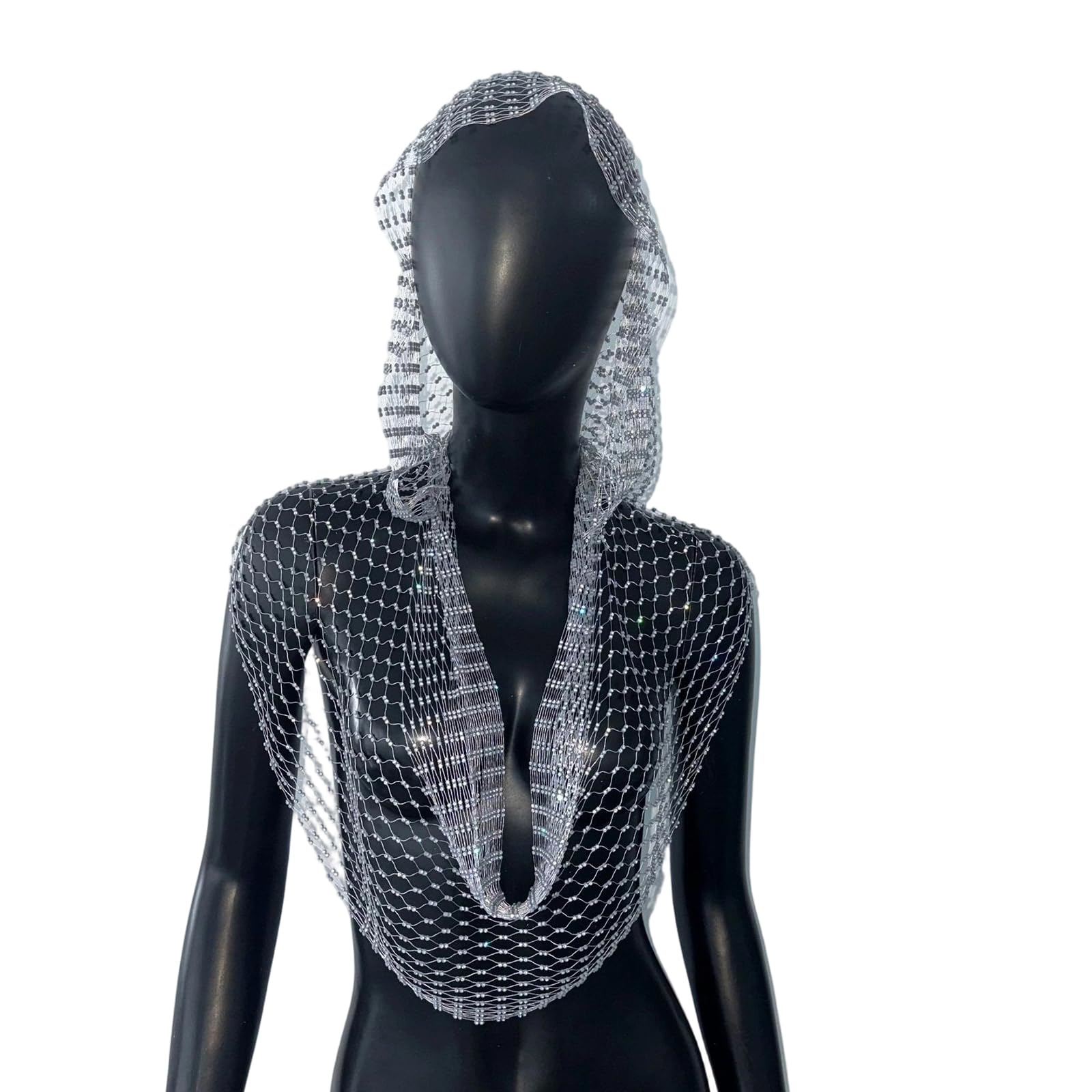MICFENY Shimmering Hoodie with Rhinestones Decors Fishnets Hooded Cap Hollowed Tanks For Concerts And Daily Night Club Wear